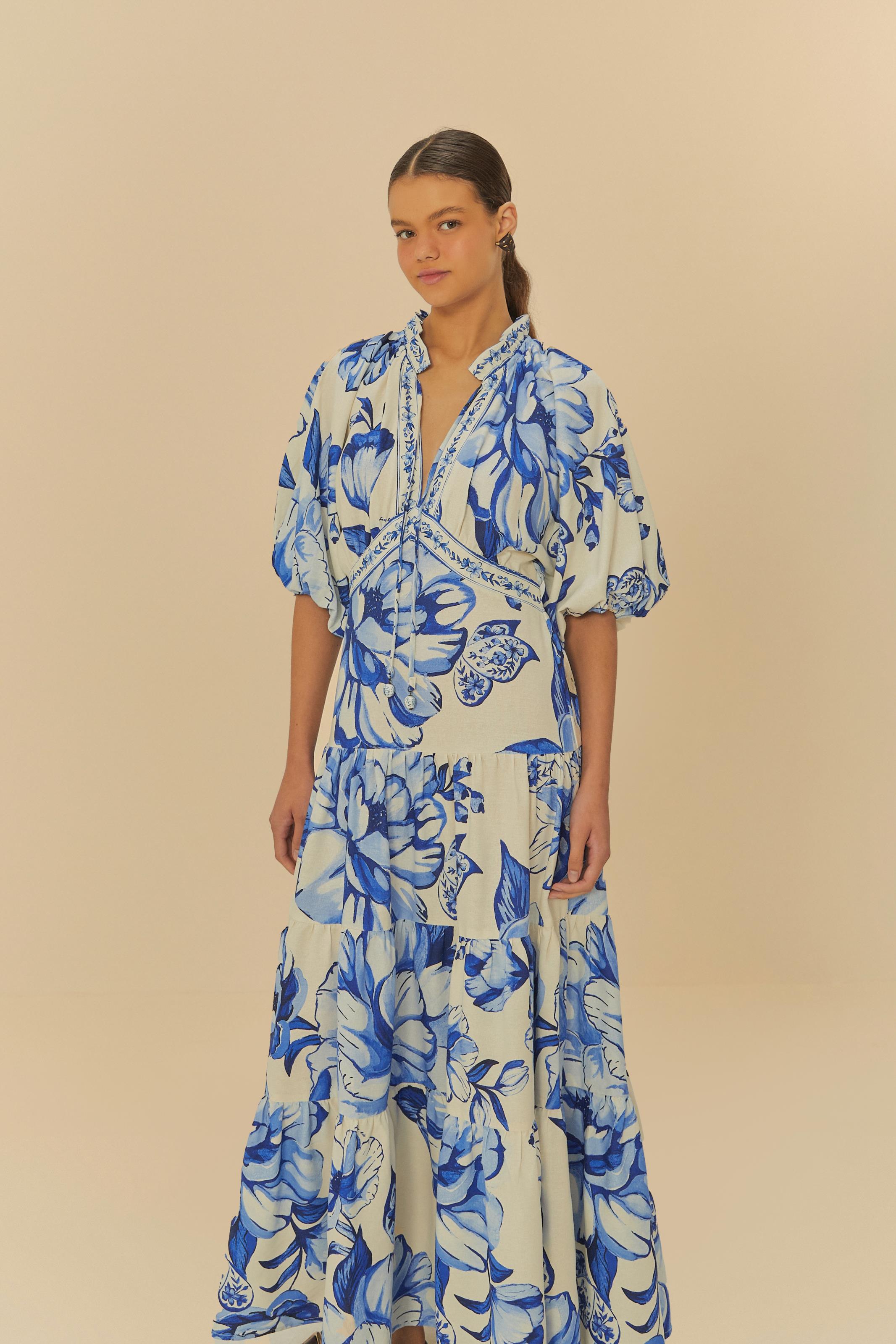 Vestido Longo Manga Chita Porcelana