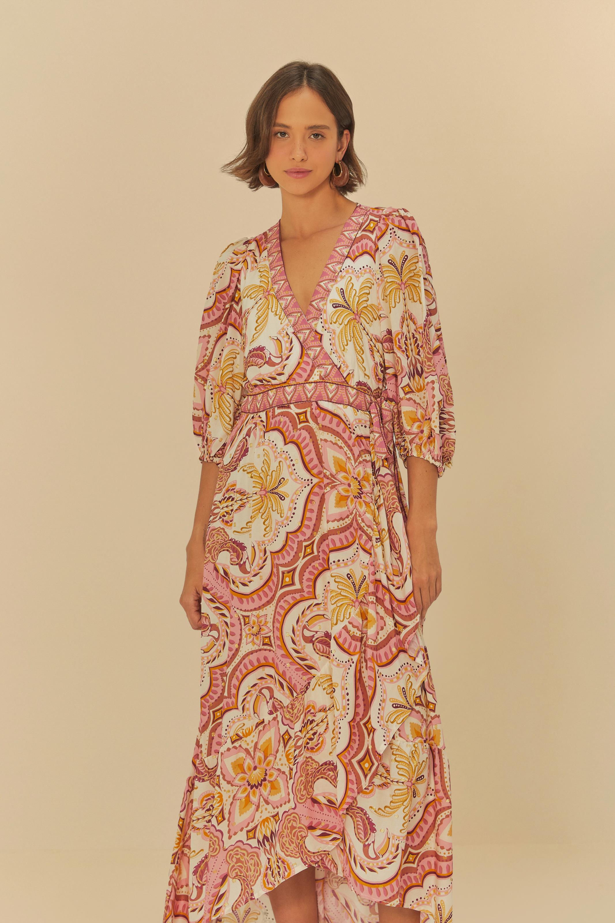Vestido Longo Manga Lenço Joia Tropical