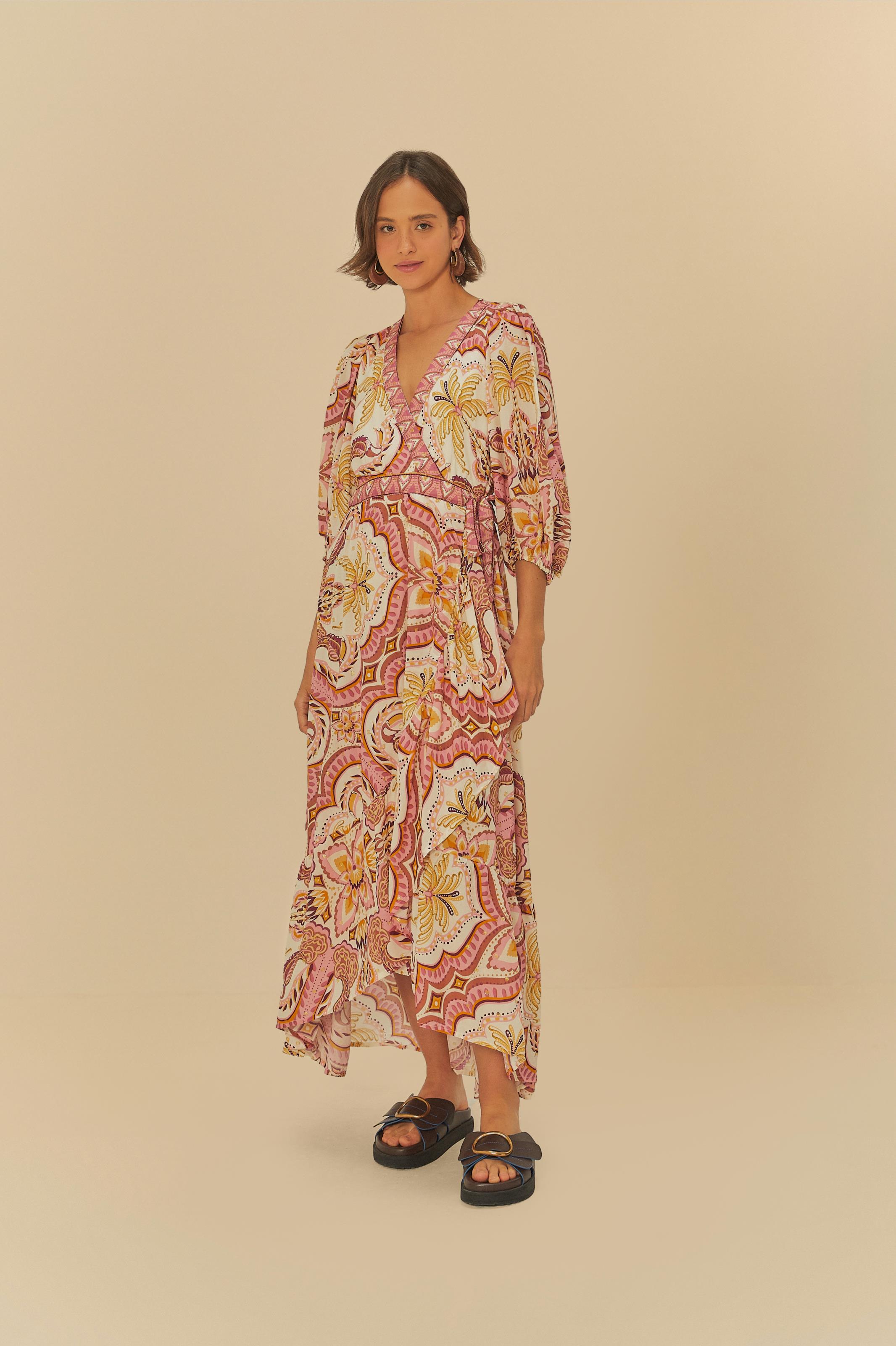 Vestido Longo Manga Lenço Joia Tropical