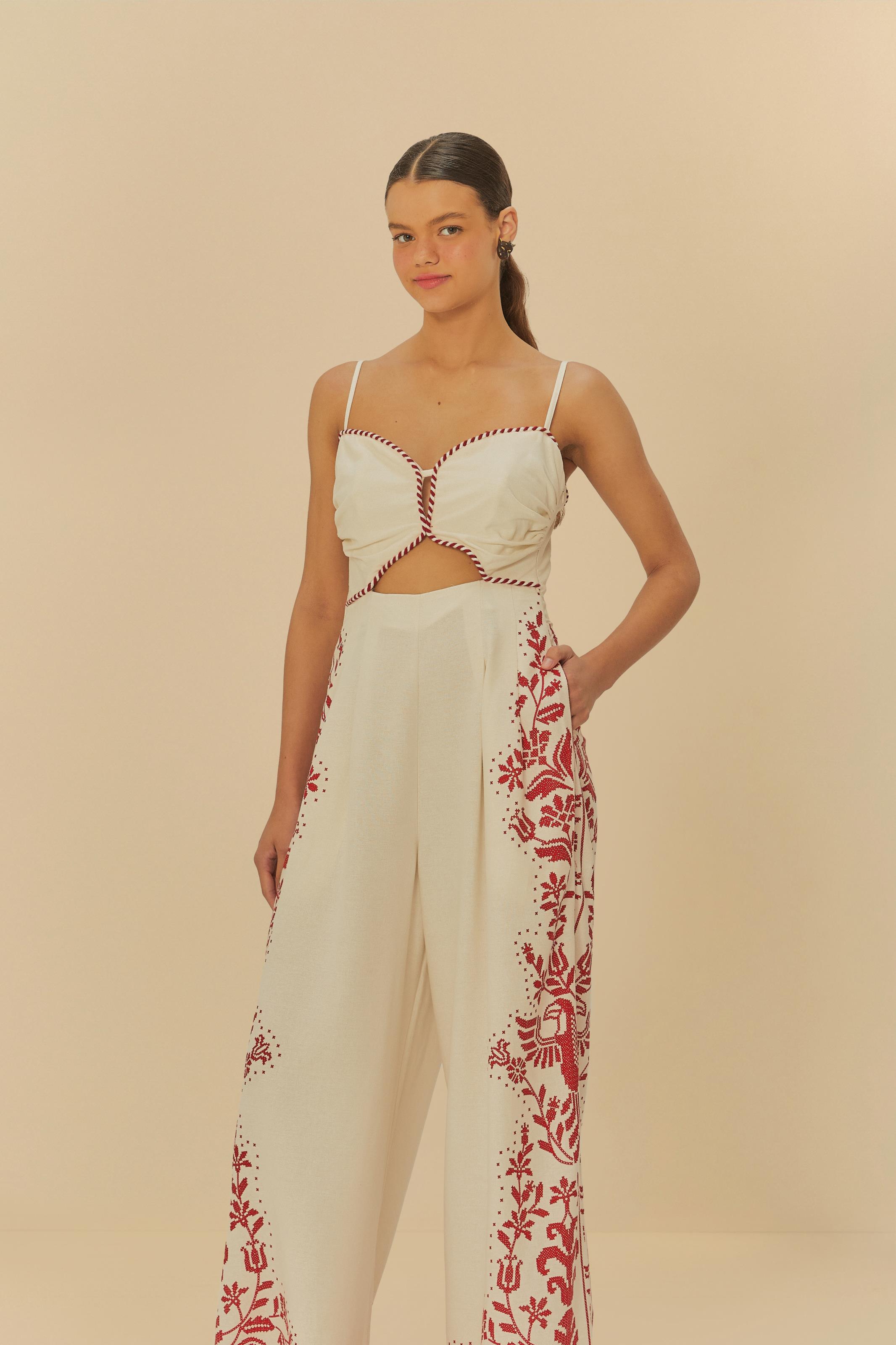 Macacão Pantalona Estampado Bordado Tropical