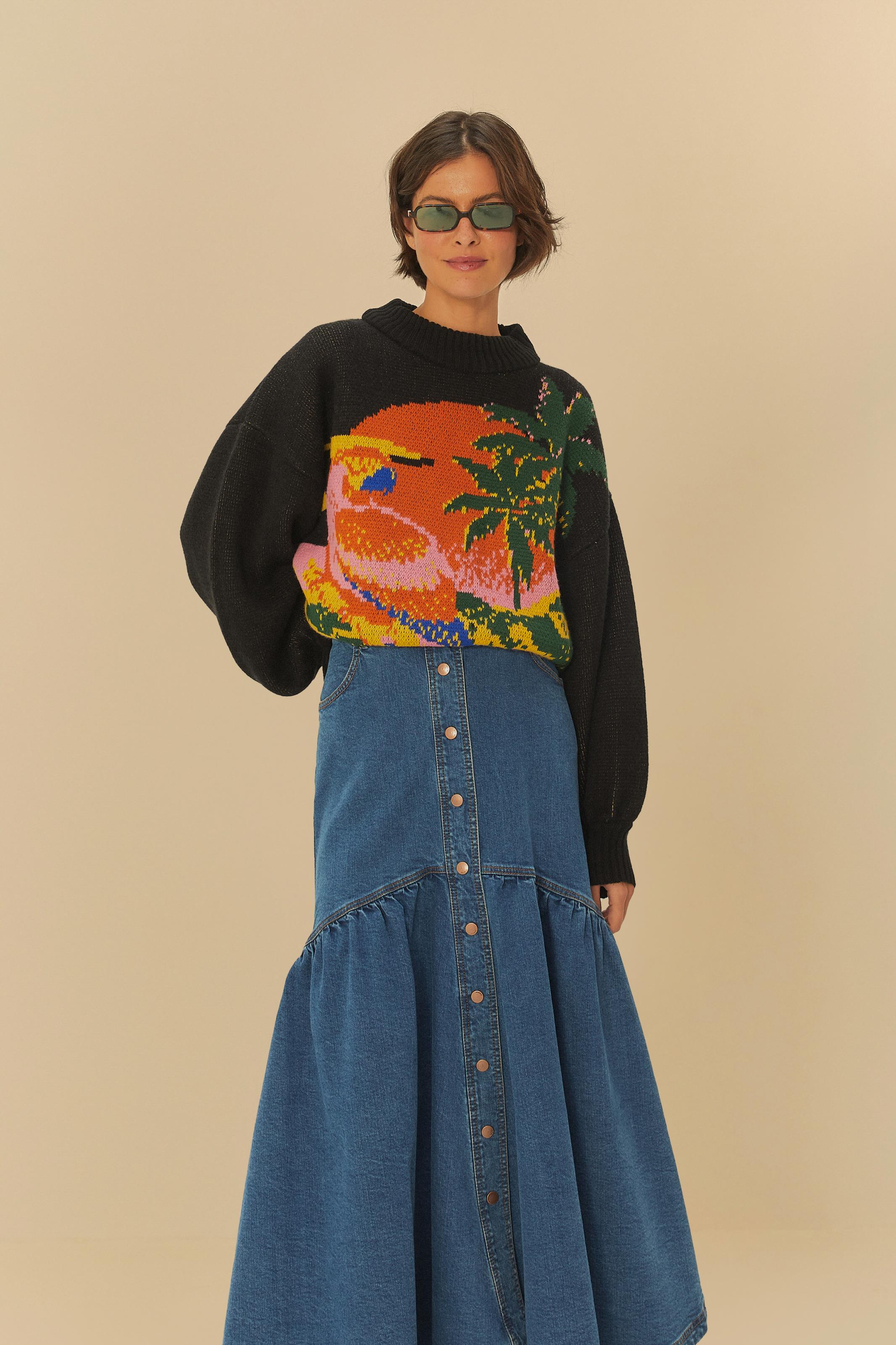 Saia Jeans Midi Recorte Botões