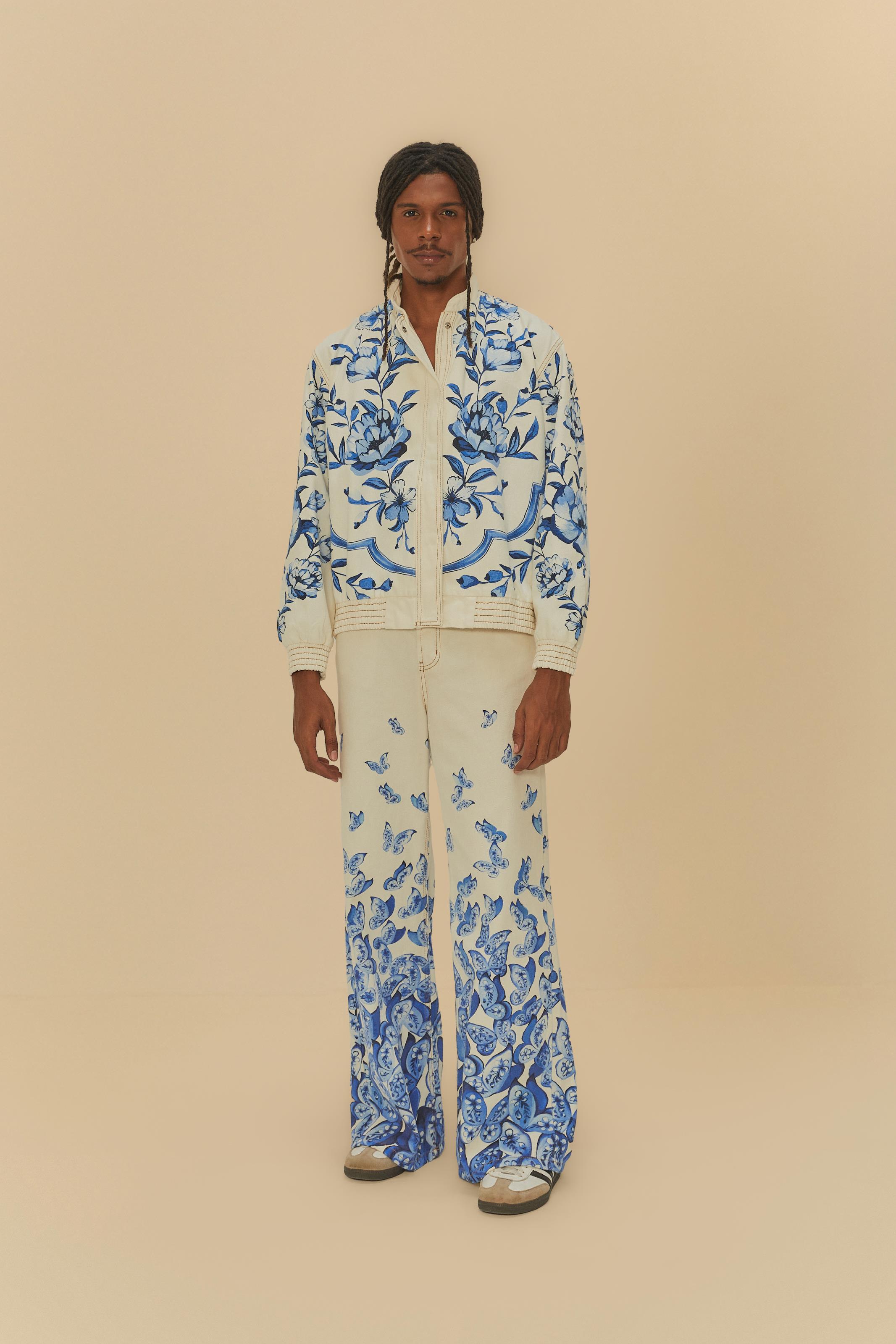 Calça Wide Sarja Estampada Voo De Porcelana