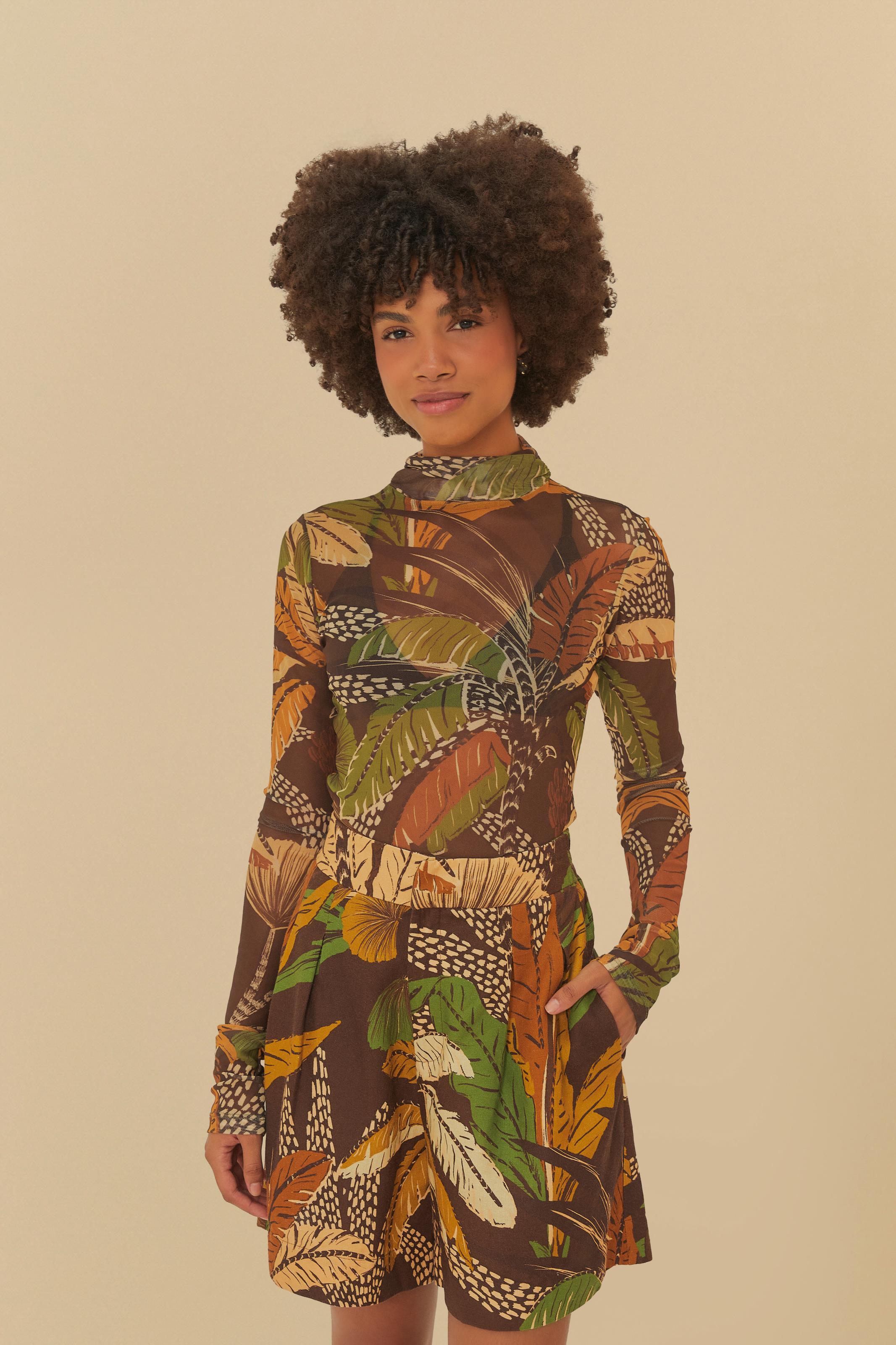 Blusa Gola Tule Estampada Floresta Sketch