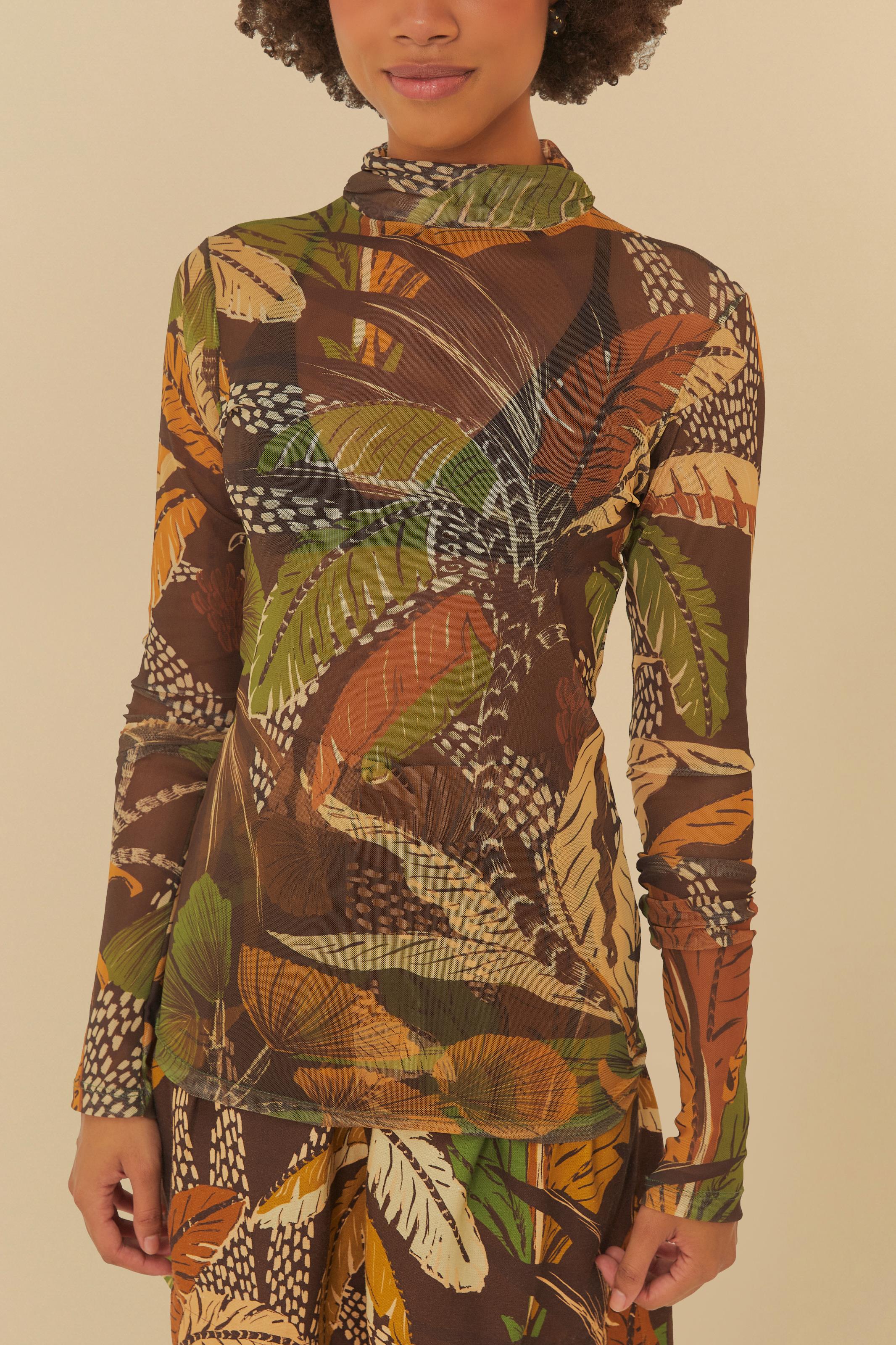 Blusa Gola Tule Estampada Floresta Sketch