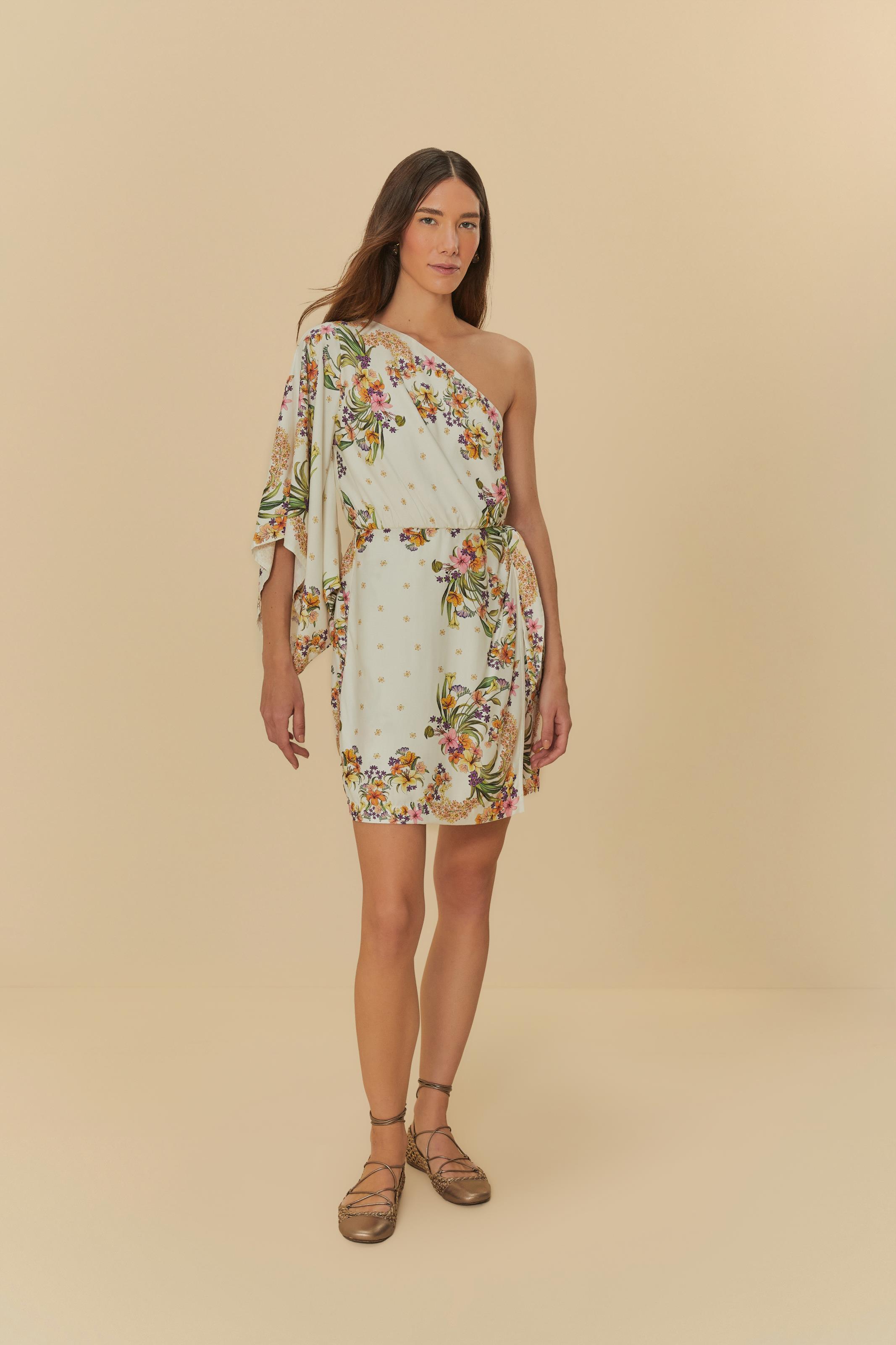 Vestido Curto Lenço Estampado Passáro Em Flor