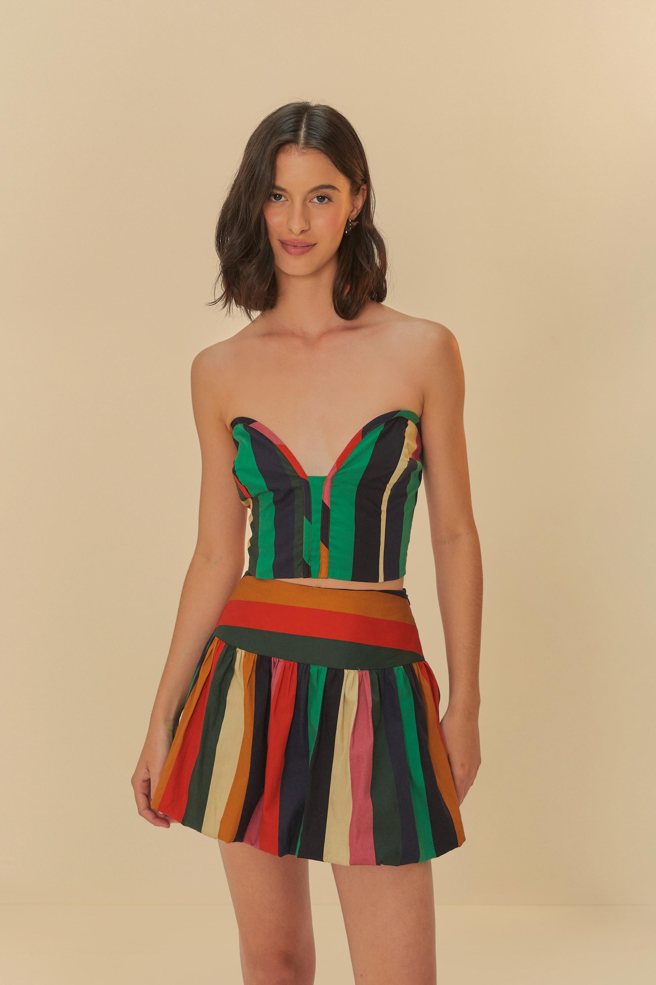 Short Saia Balonê Estampado Listra Onda De Cor