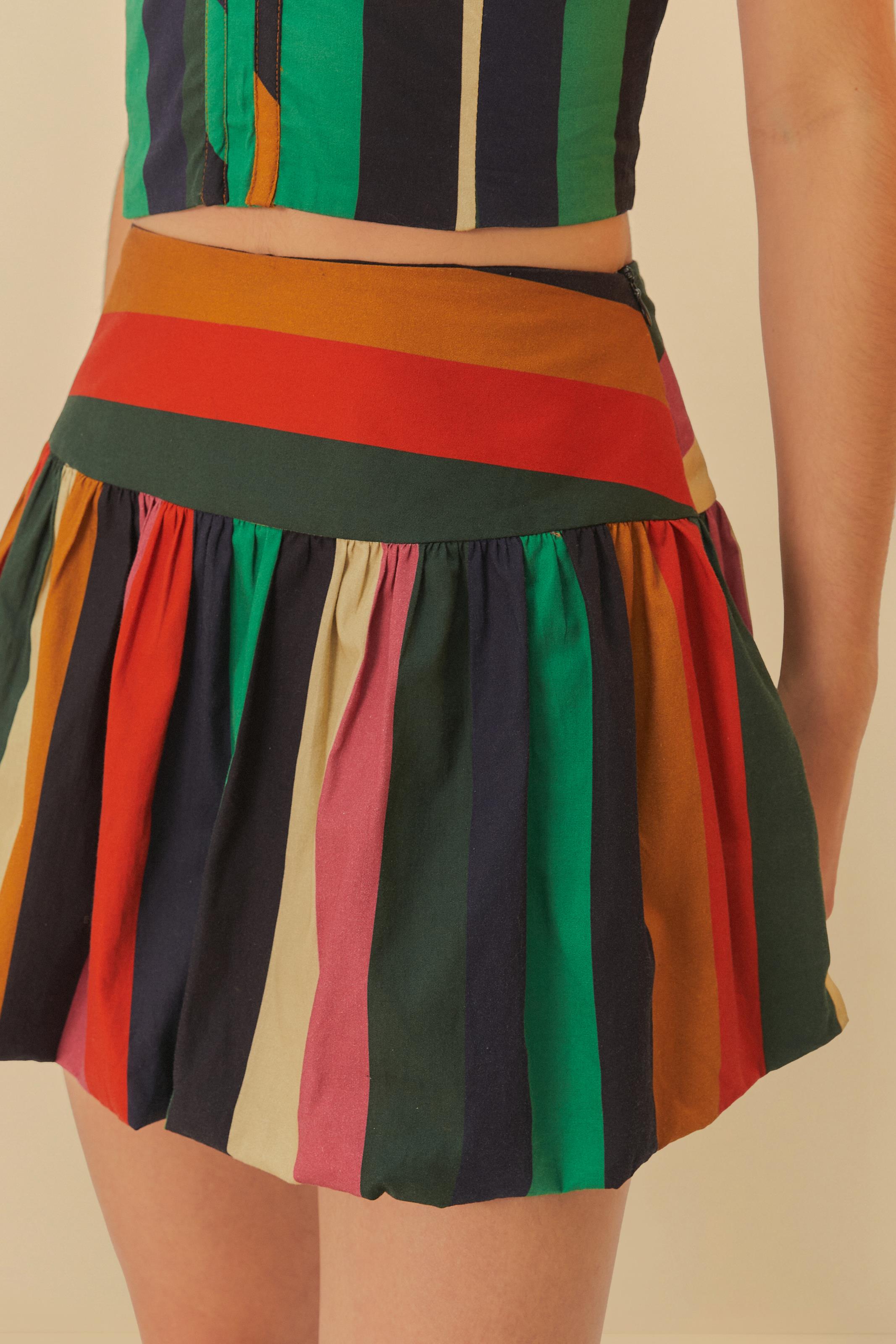 Short Saia Balonê Estampado Listra Onda De Cor