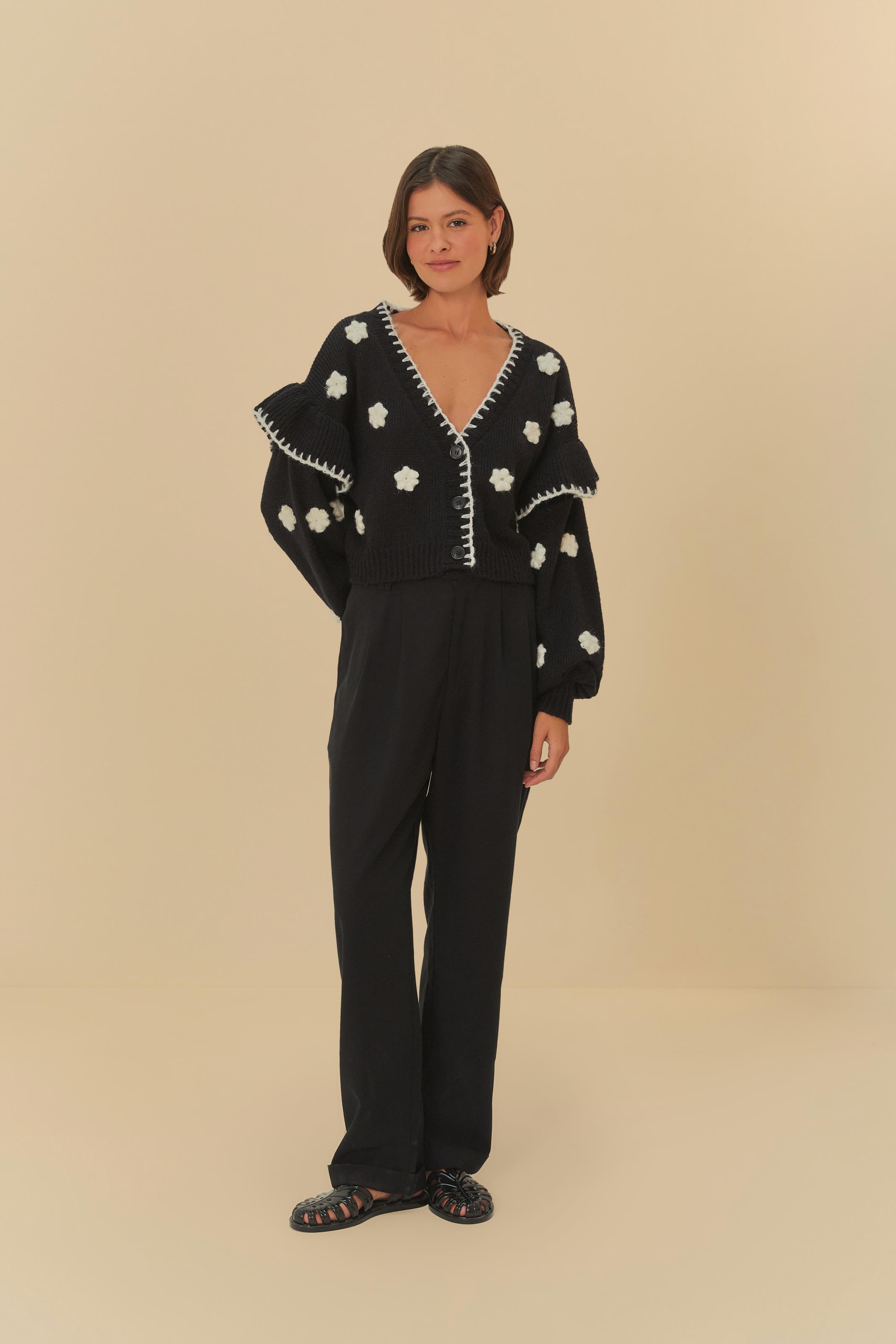 Suéter Curto Tricot Artesanal Estampado Flor