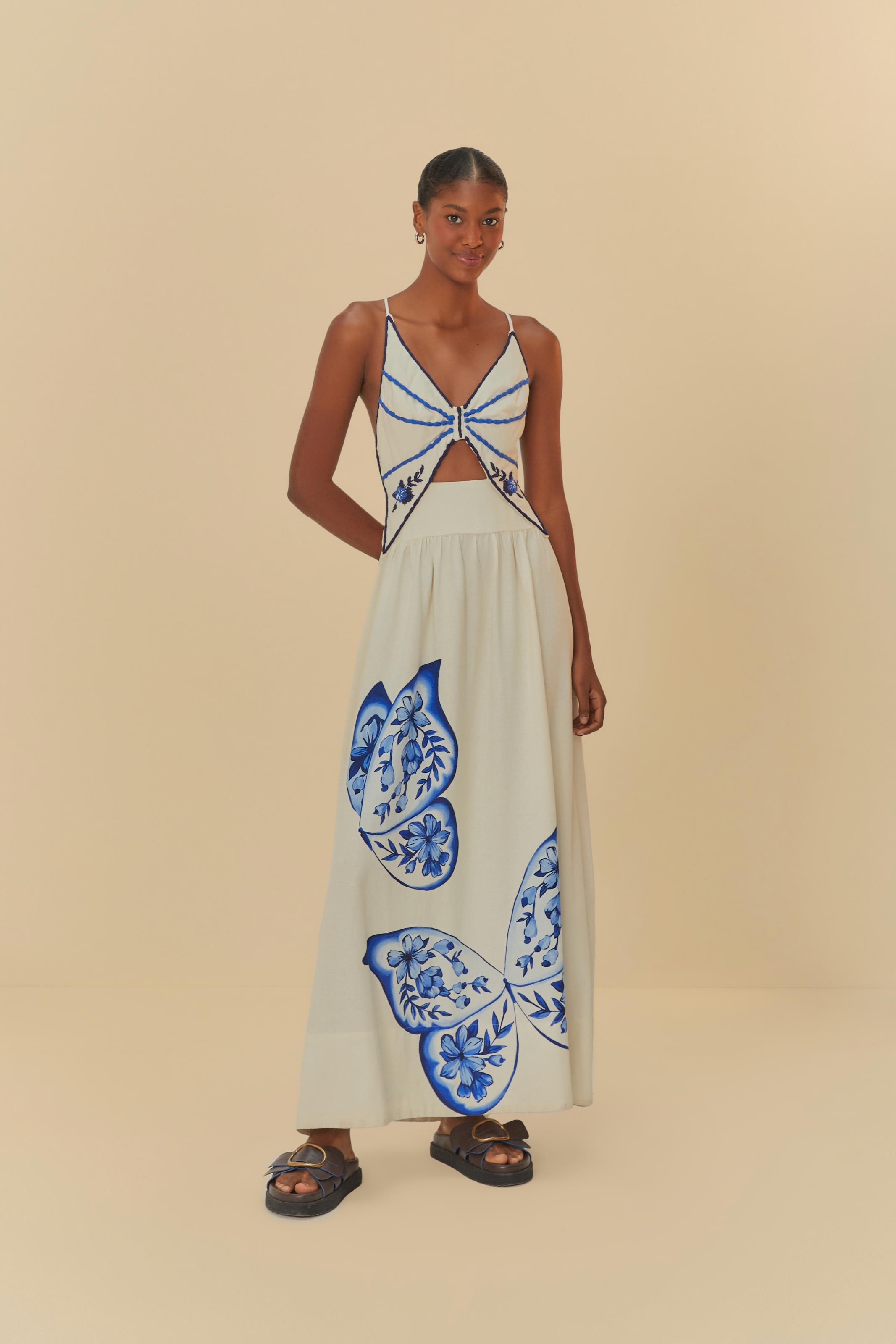 Vestido Bordado Estampado Borboleta De Porcelana