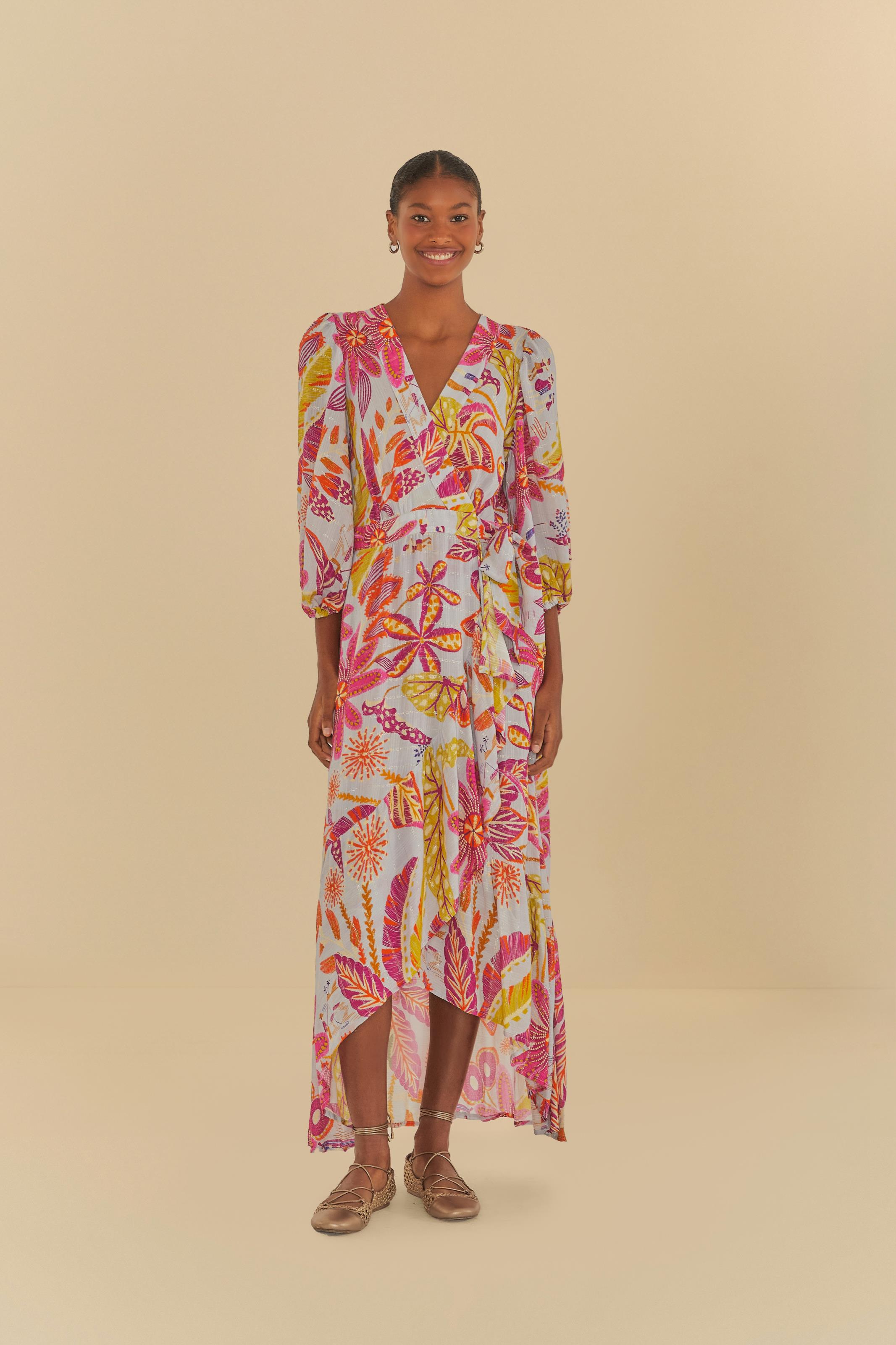 Vestido Longo Manga Estampado Floresta De Sonho