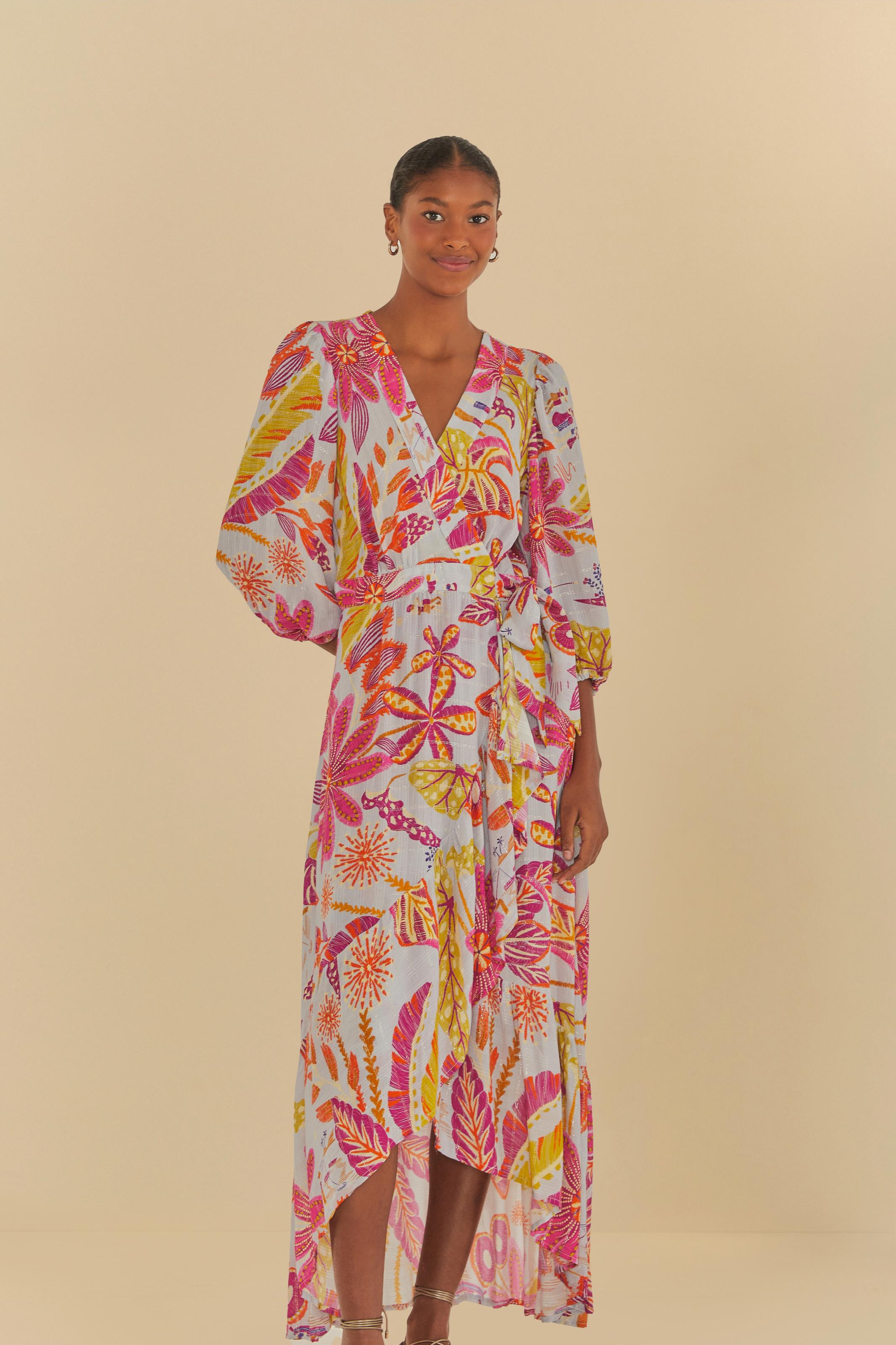 Vestido Longo Manga Estampado Floresta De Sonho