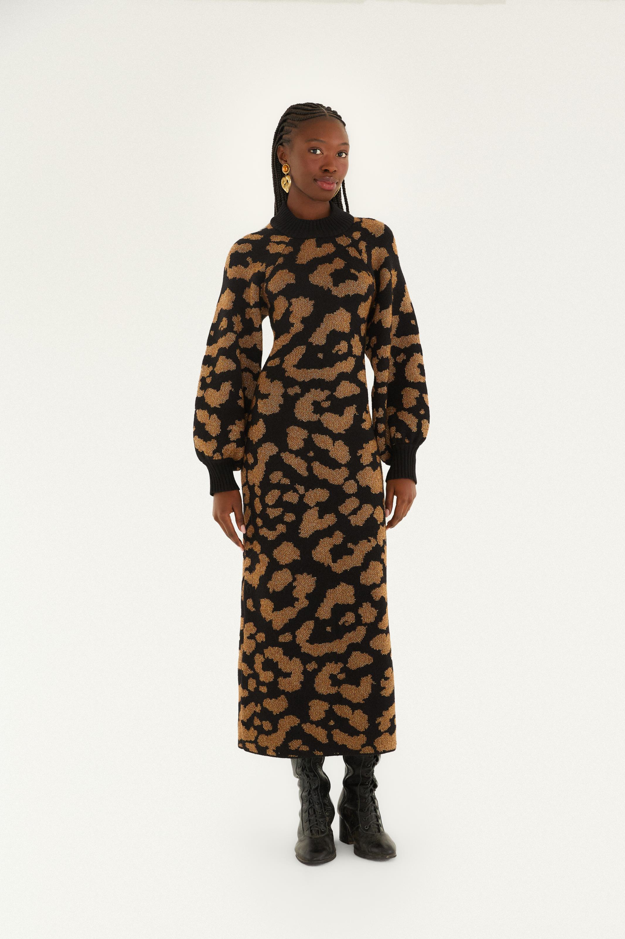 Vestido Tricot Jacquard Lurex Onça