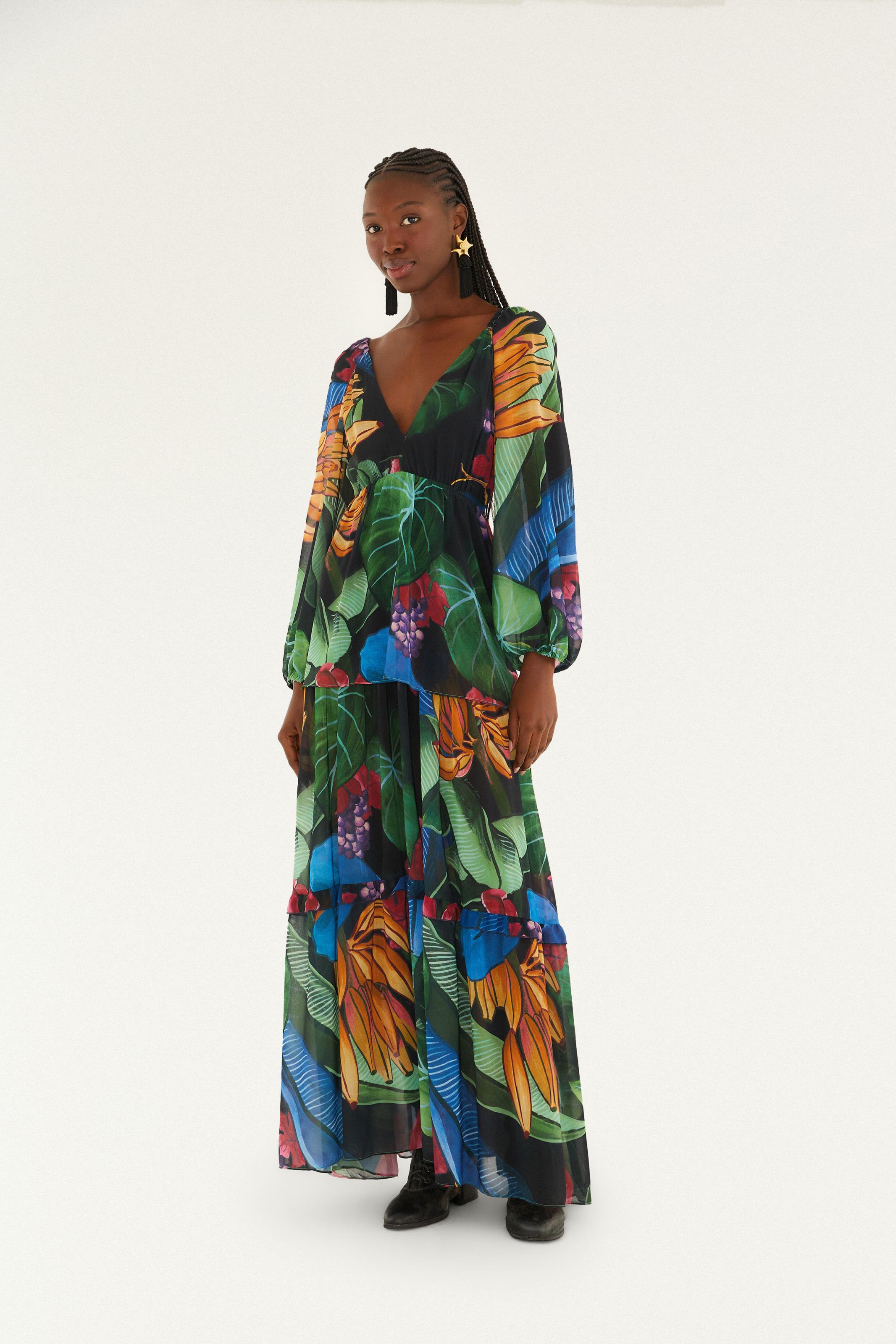 Vestido Longo Estampado Banana Uva