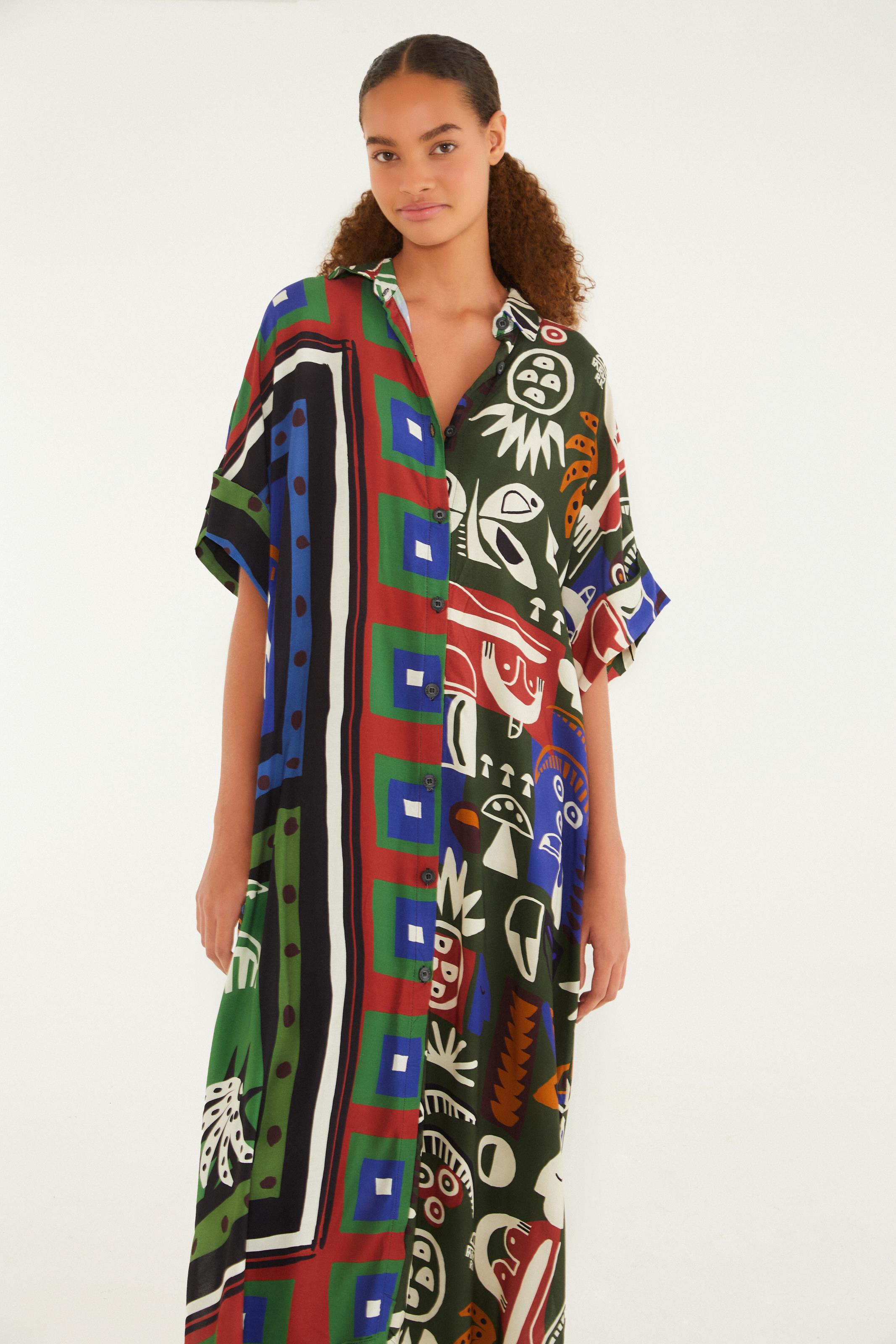 Vestido Camisa Estampado Lenço Tropi