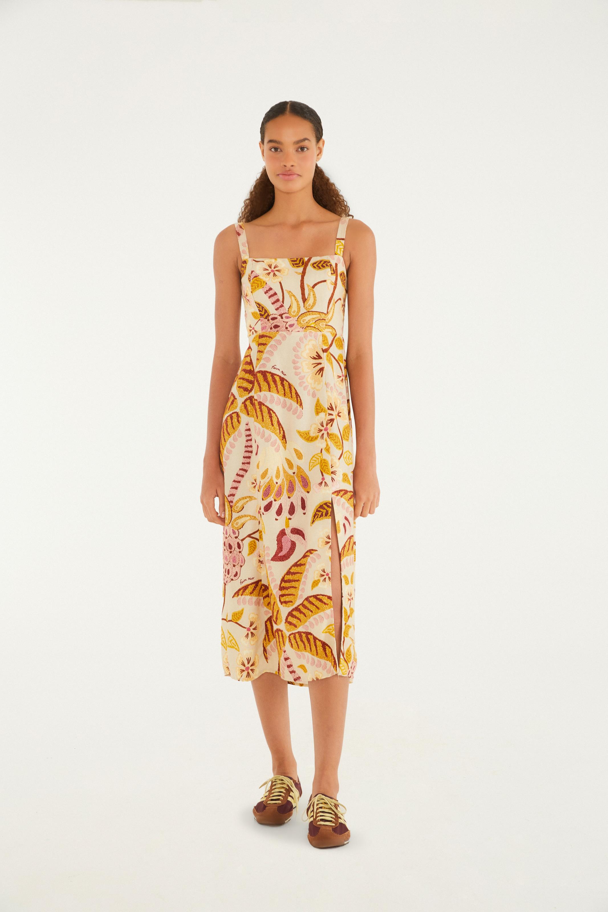 Vestido Pregas Estampado Brasil Artesanal