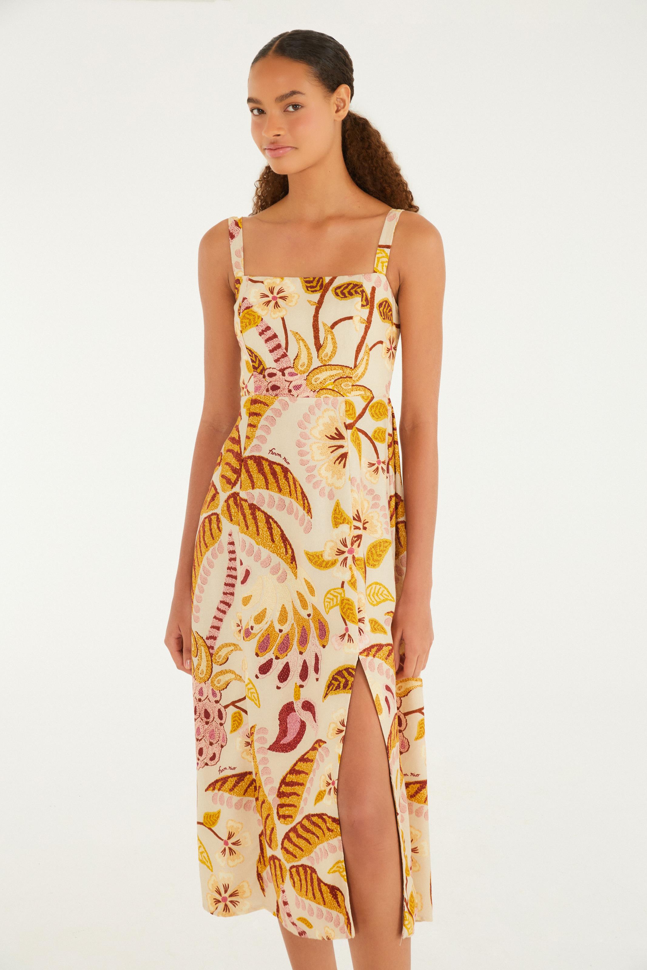 Vestido Pregas Estampado Brasil Artesanal