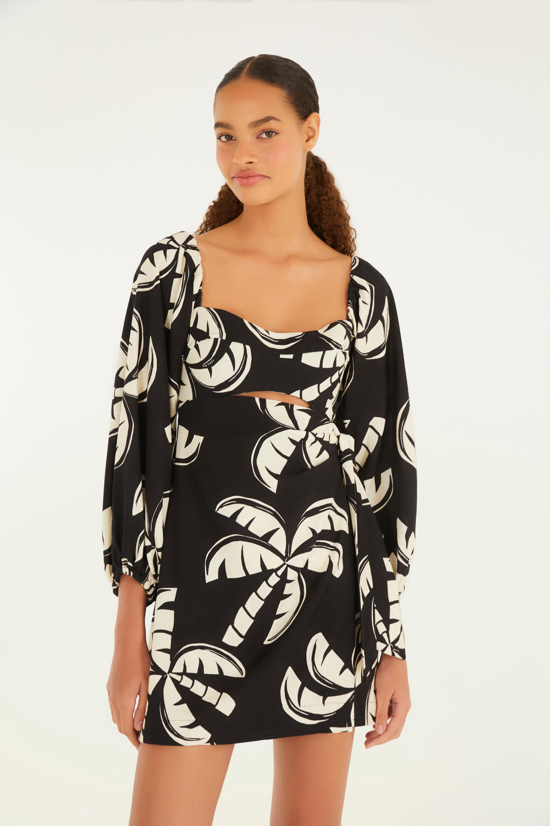 Vestido Curto Manga Estampado Coqueirada