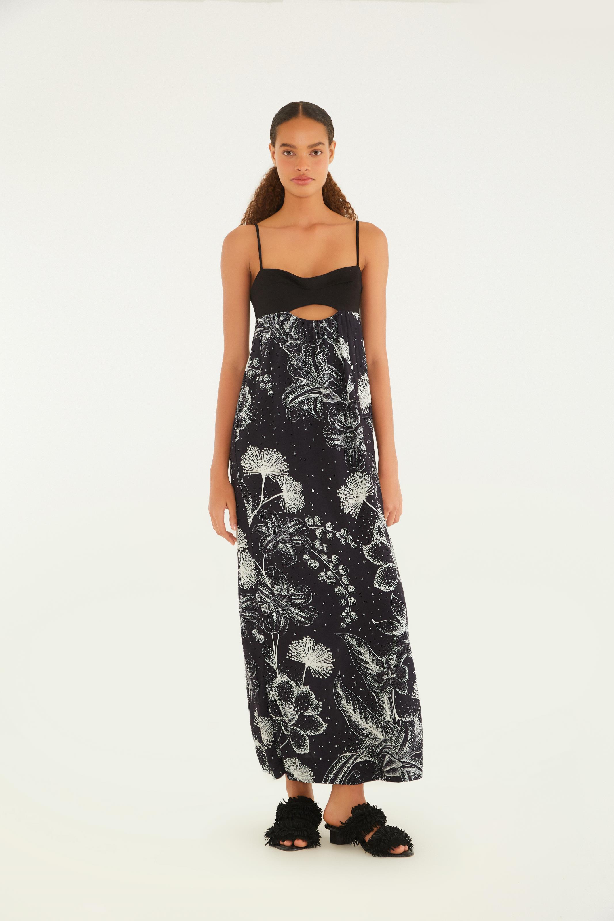 Vestido Longo Alça Estampado Céu De Flor