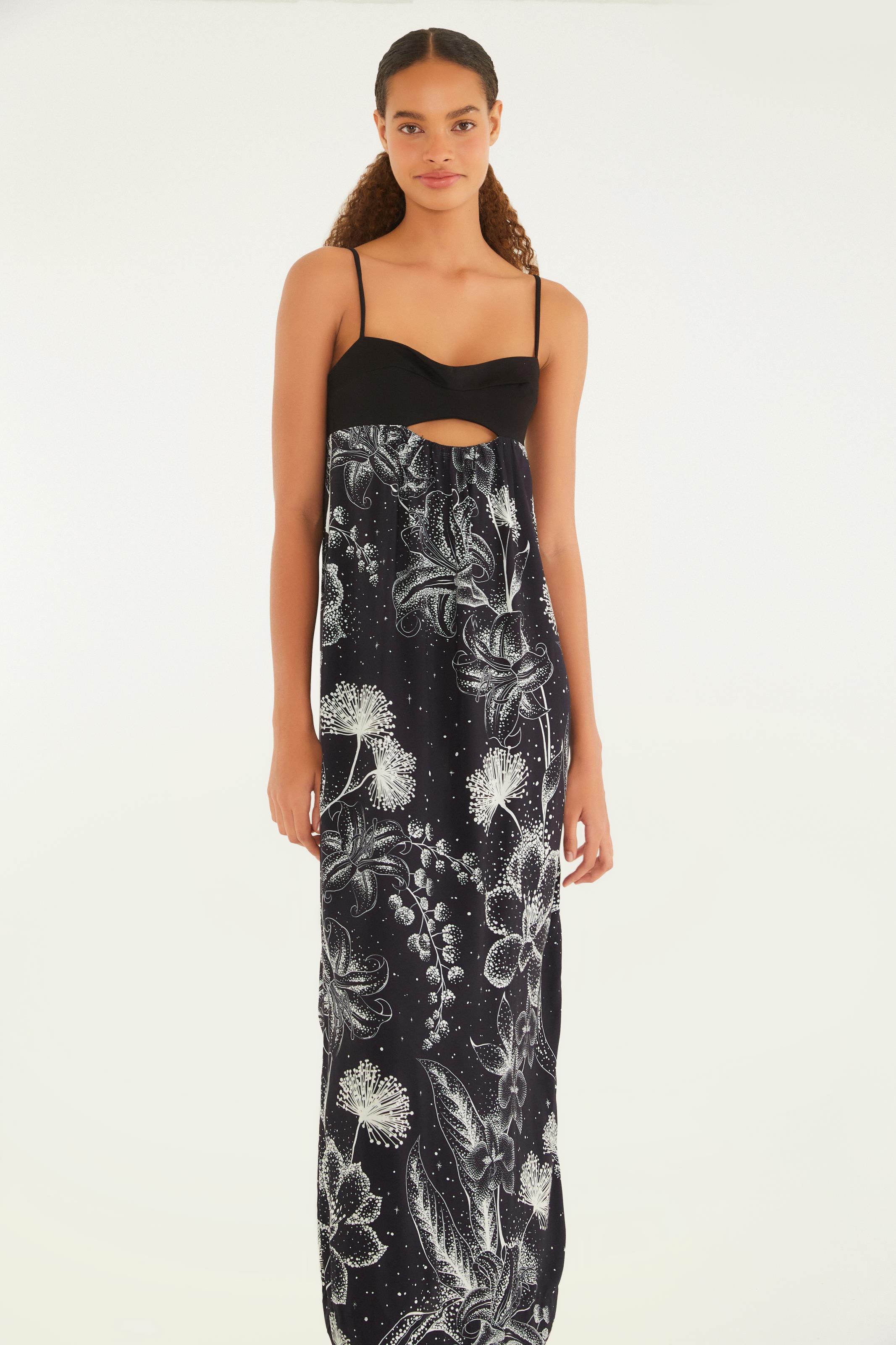 Vestido Longo Alça Estampado Céu De Flor