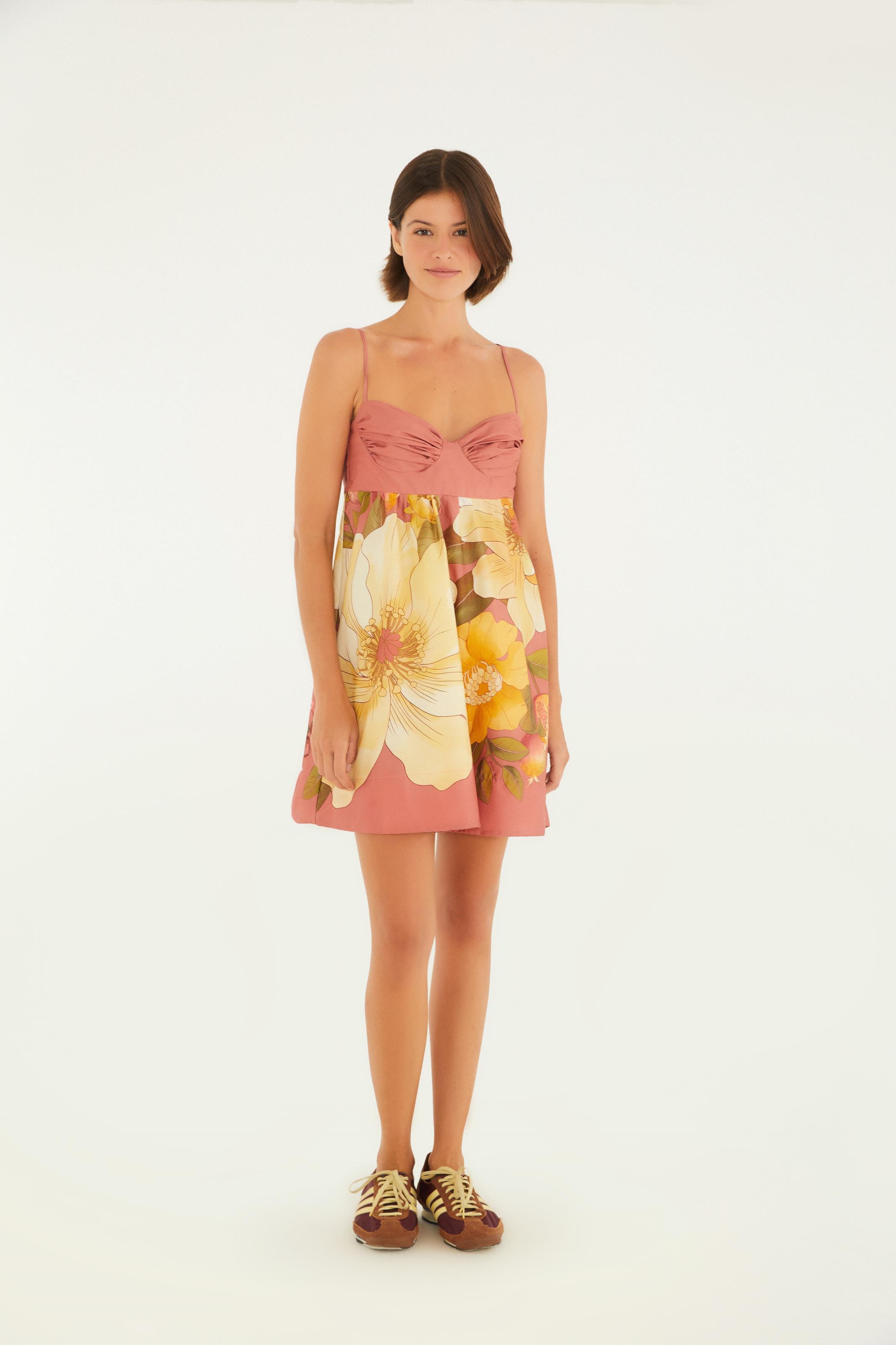 Vestido Curto Alça Estampado Romance De Flor Localizado