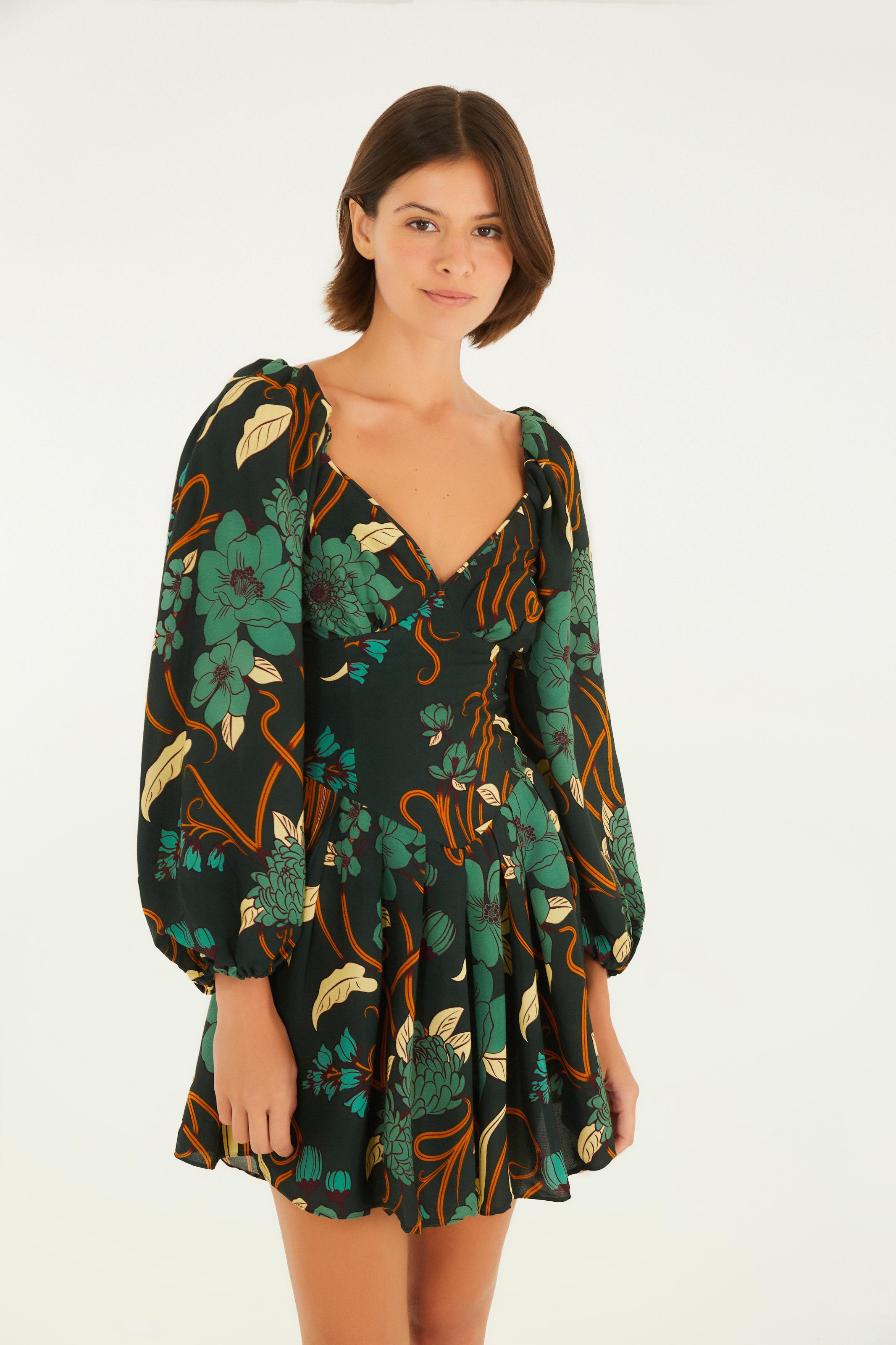 Vestido Curto Manga Estampado Beatrice Floral