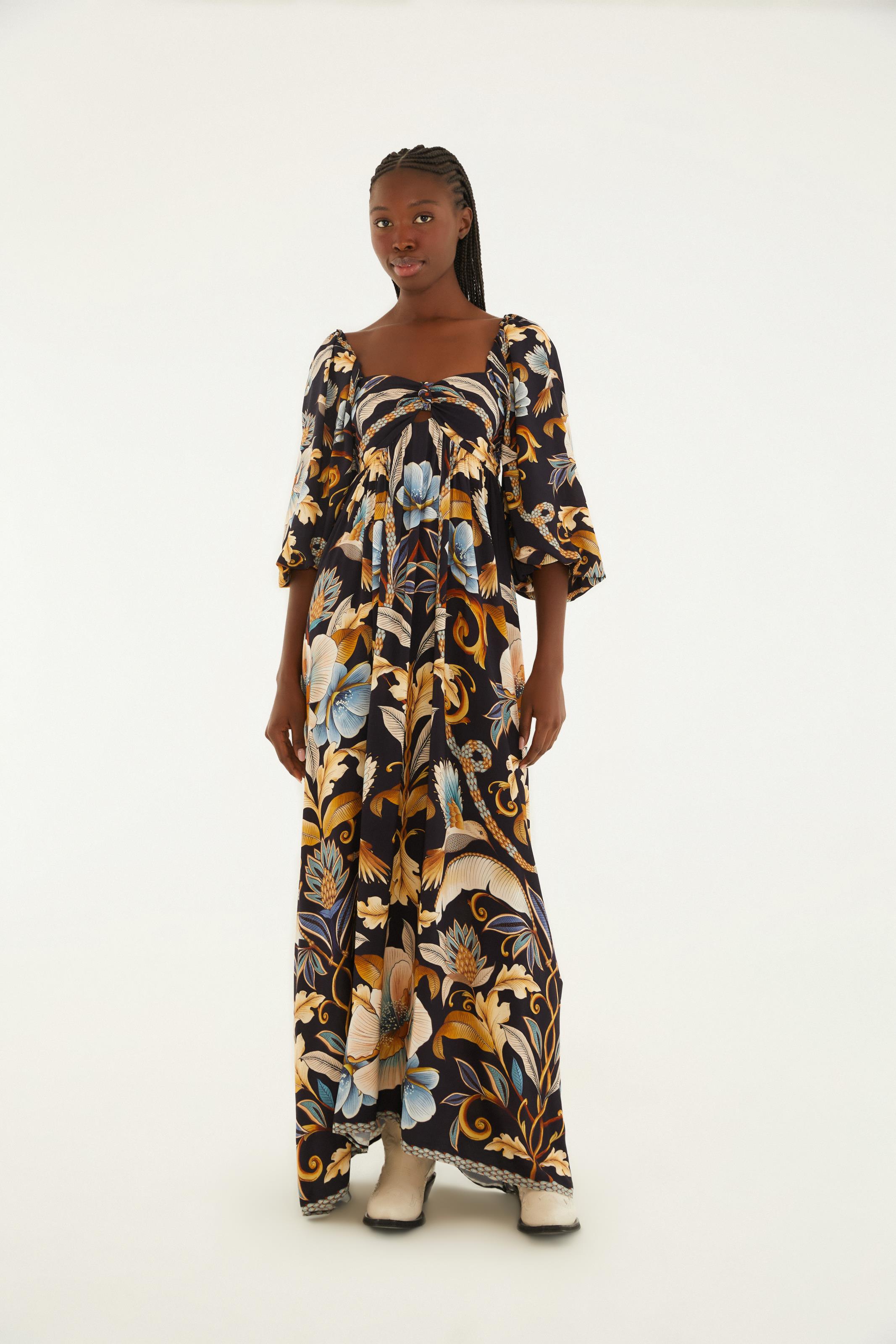 Vestido Longo Manga Estampado Jardim Real