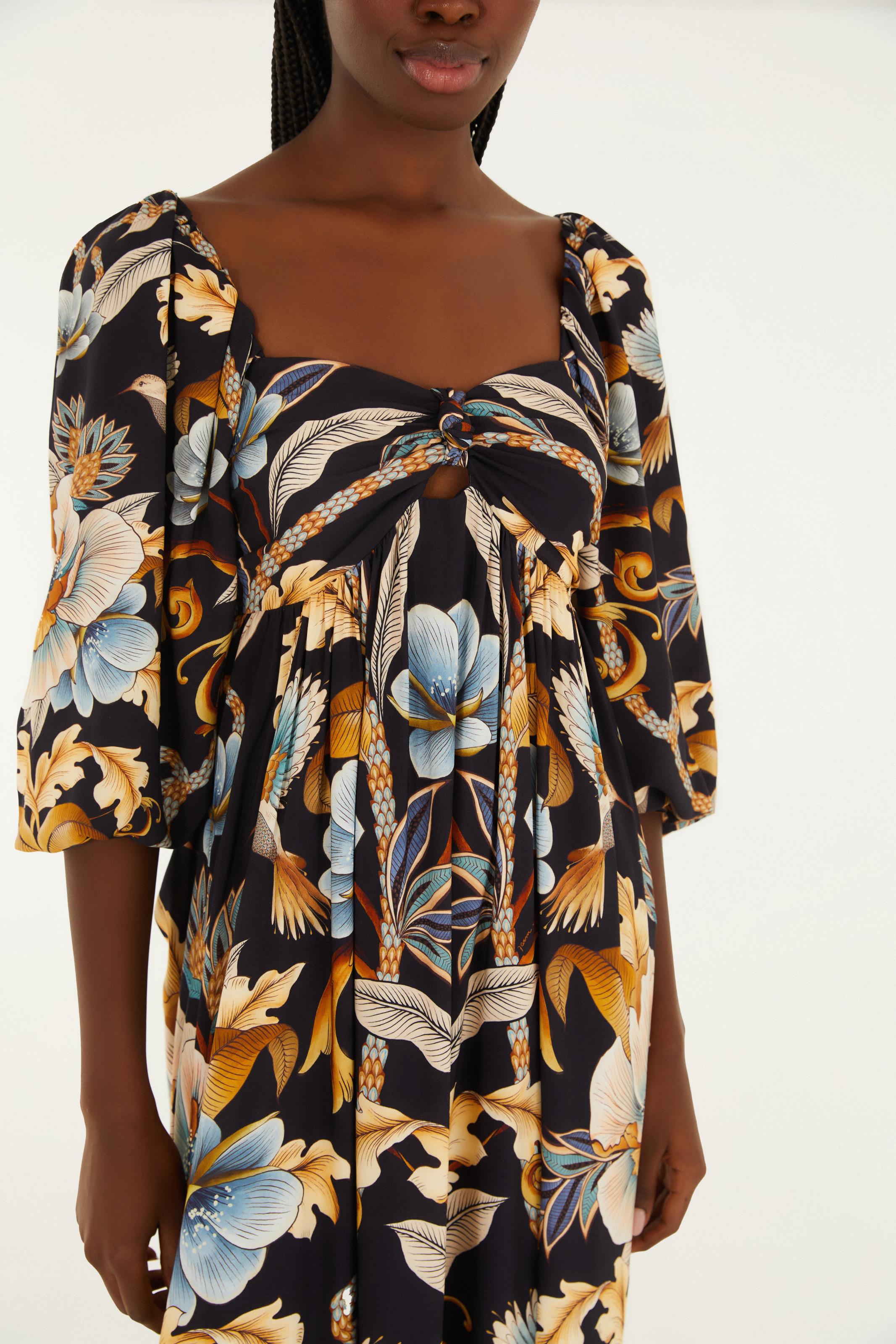 Vestido Longo Manga Estampado Jardim Real