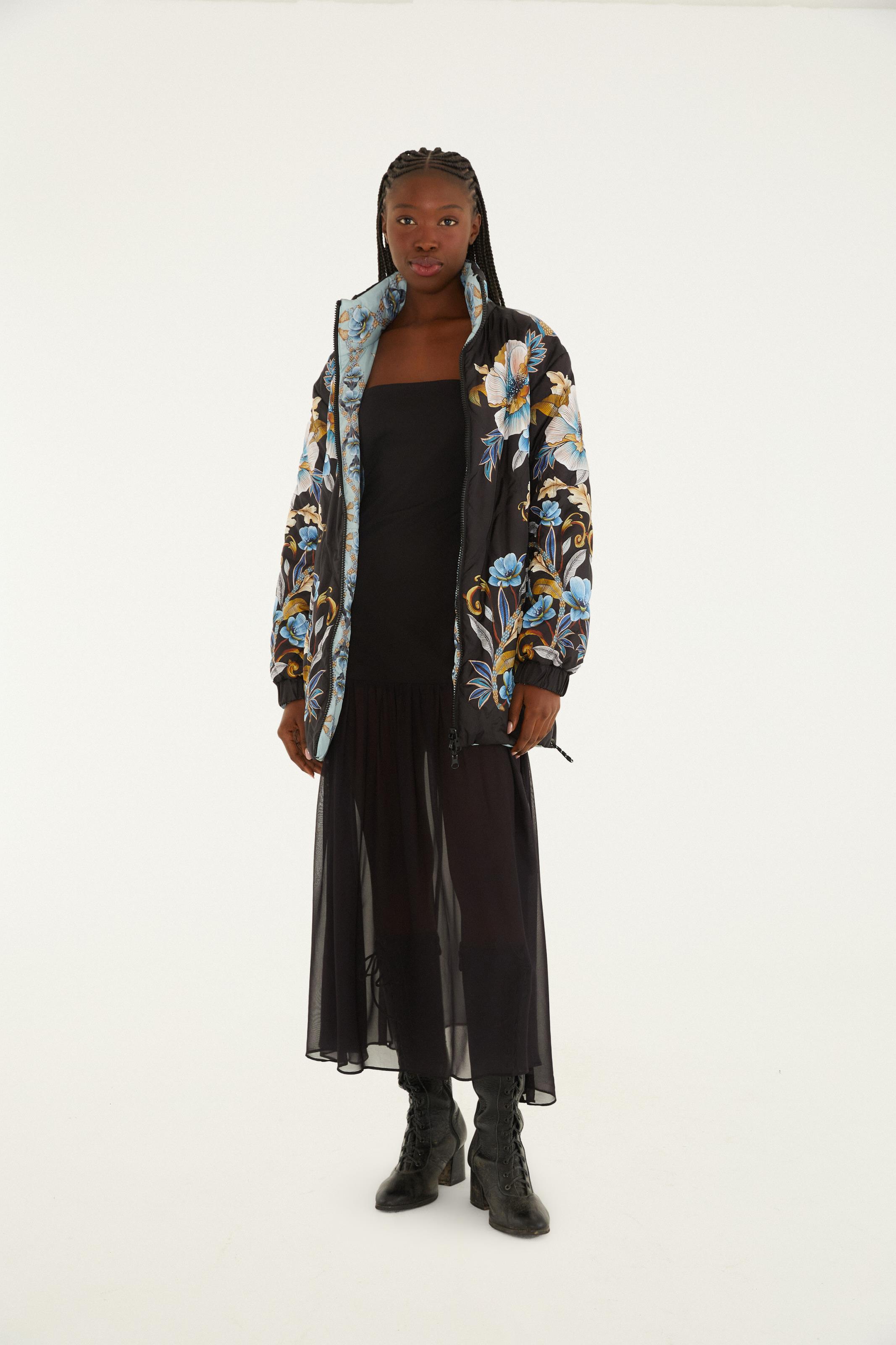 Jaqueta Puffer Estampada Jardim Real Preto