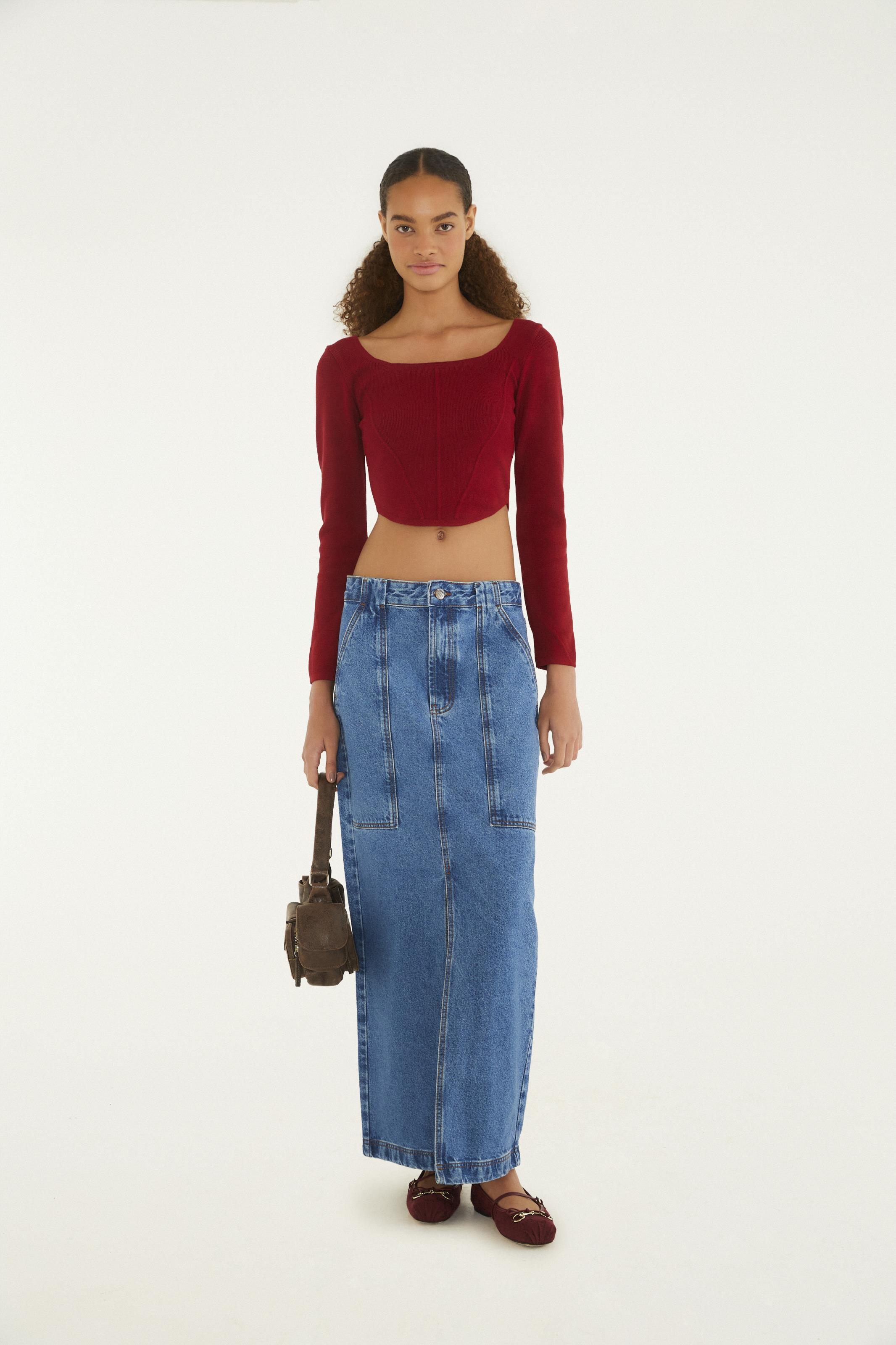 Saia Longa Jeans Coluna Fenda