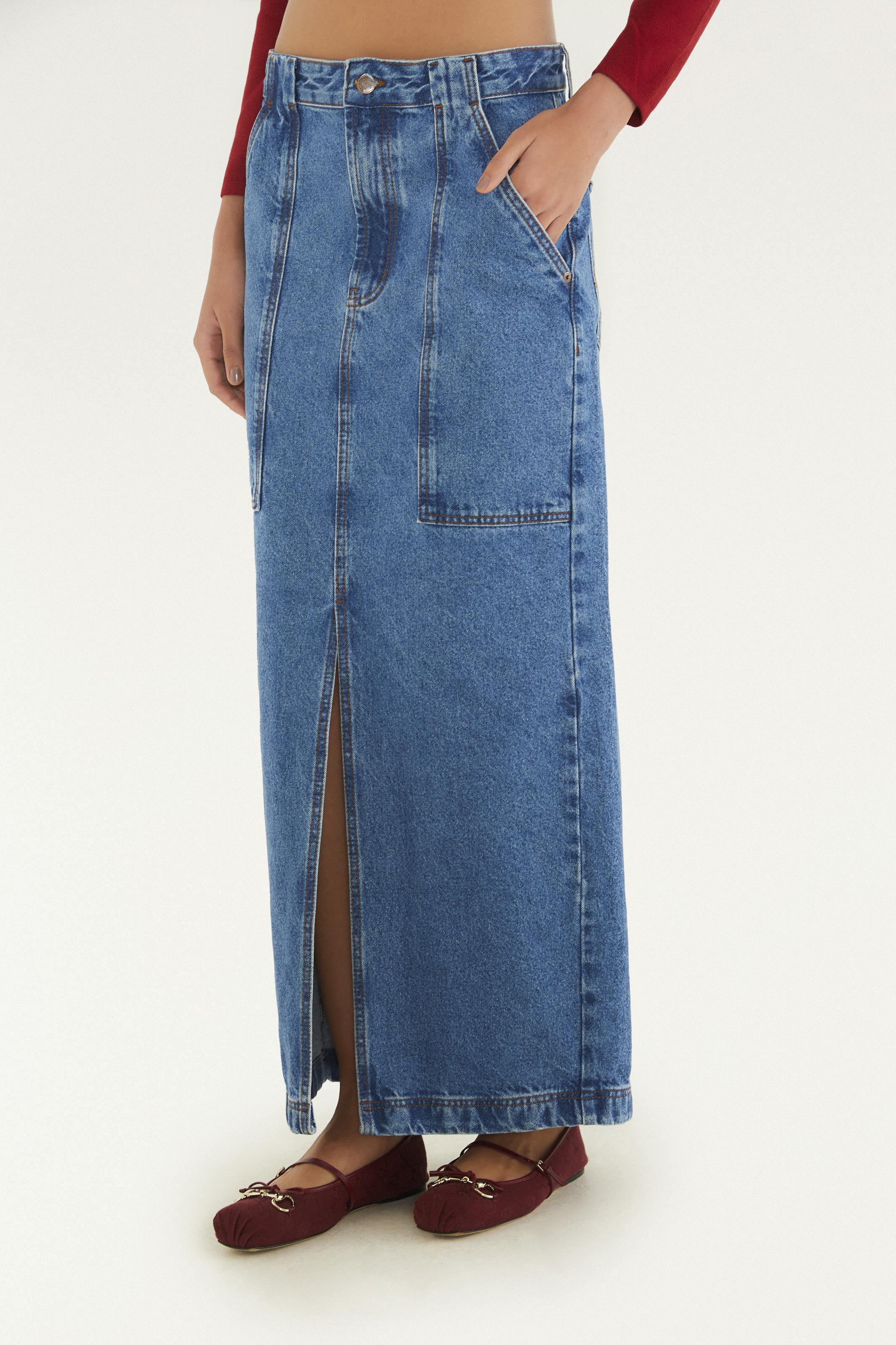 Saia Longa Jeans Coluna Fenda