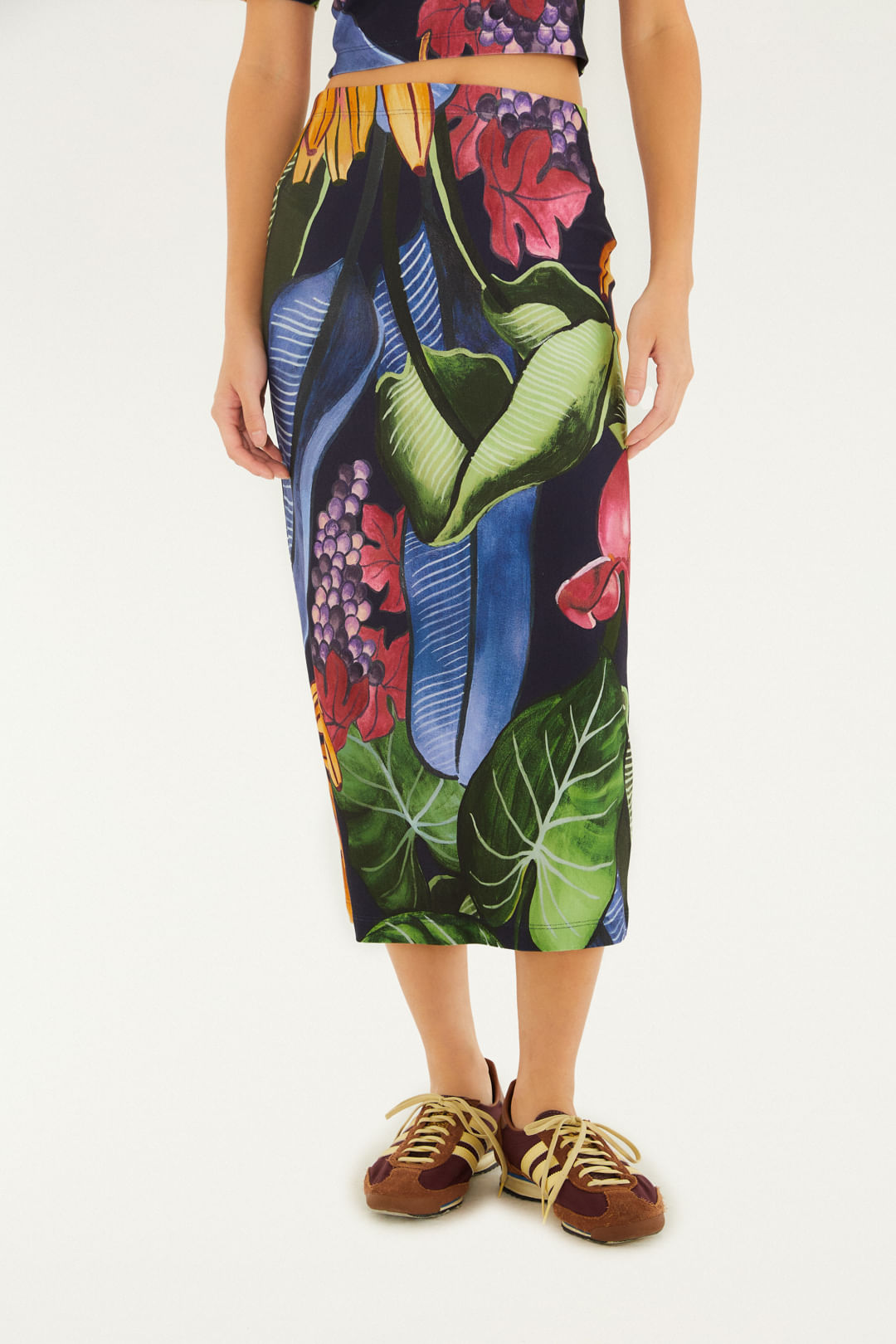 Saia Midi Estampada Banana Uva