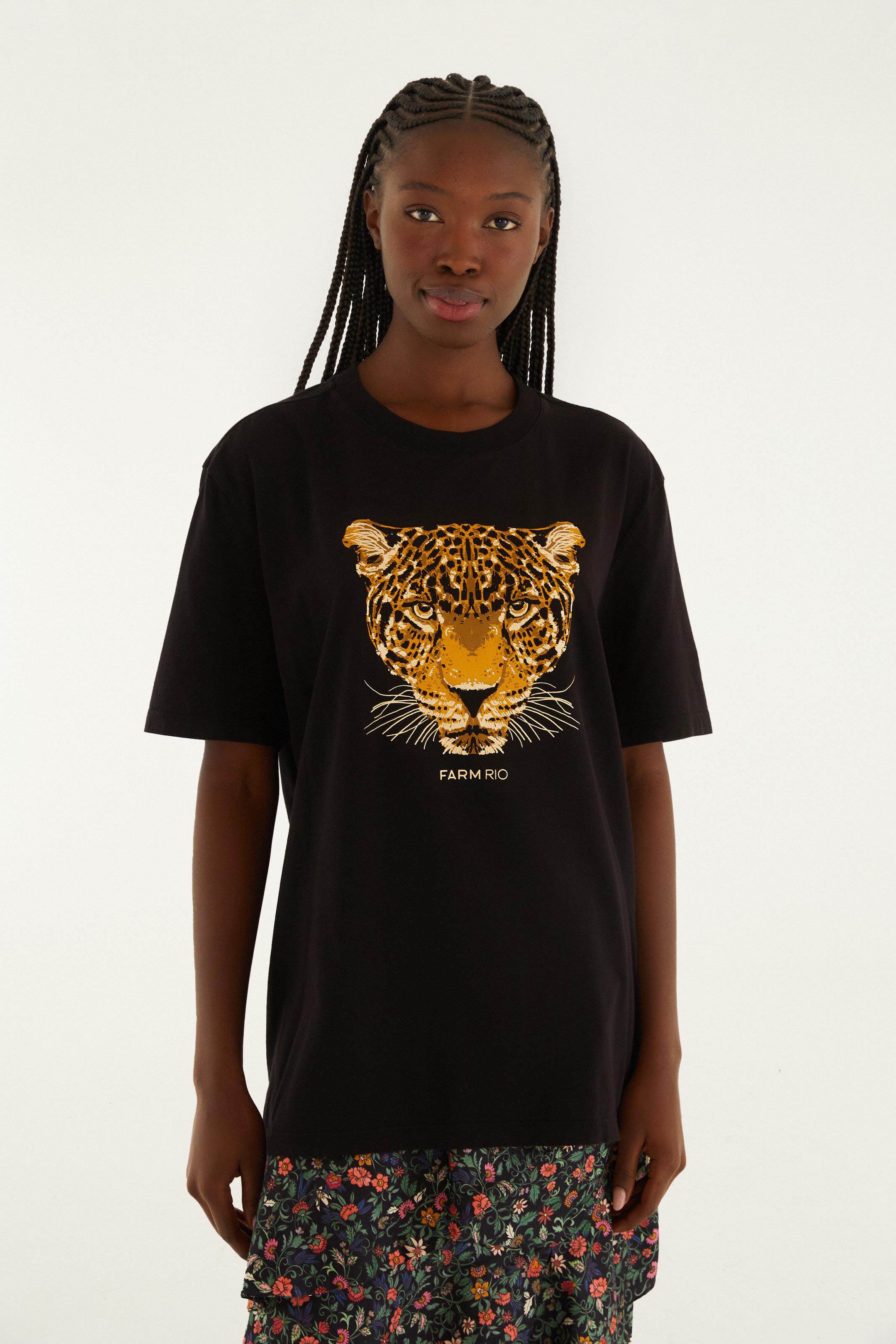 T-Shirt Media Onça Esmeralda Preta