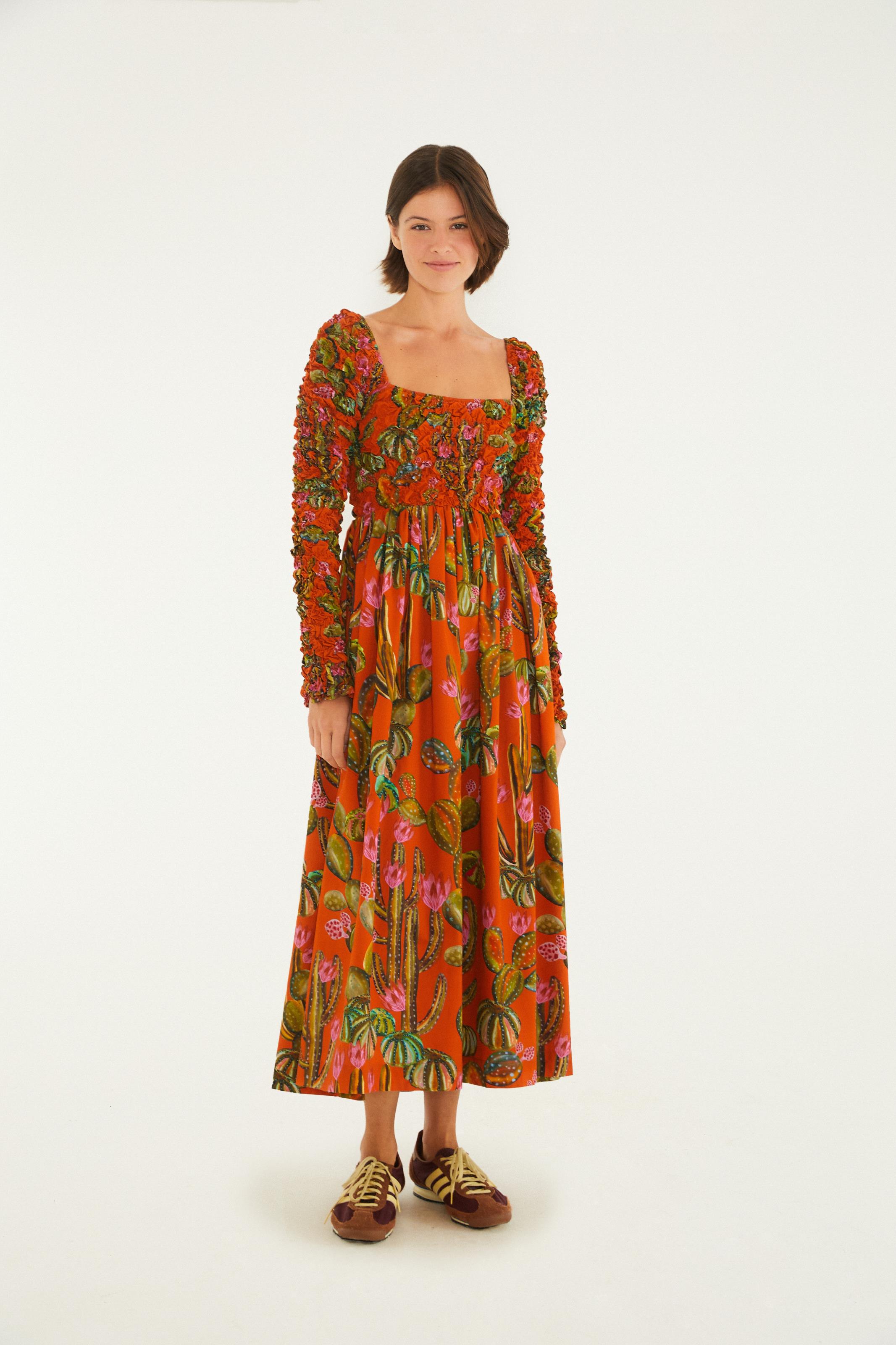 Vestido Mangas Estampado Cactus