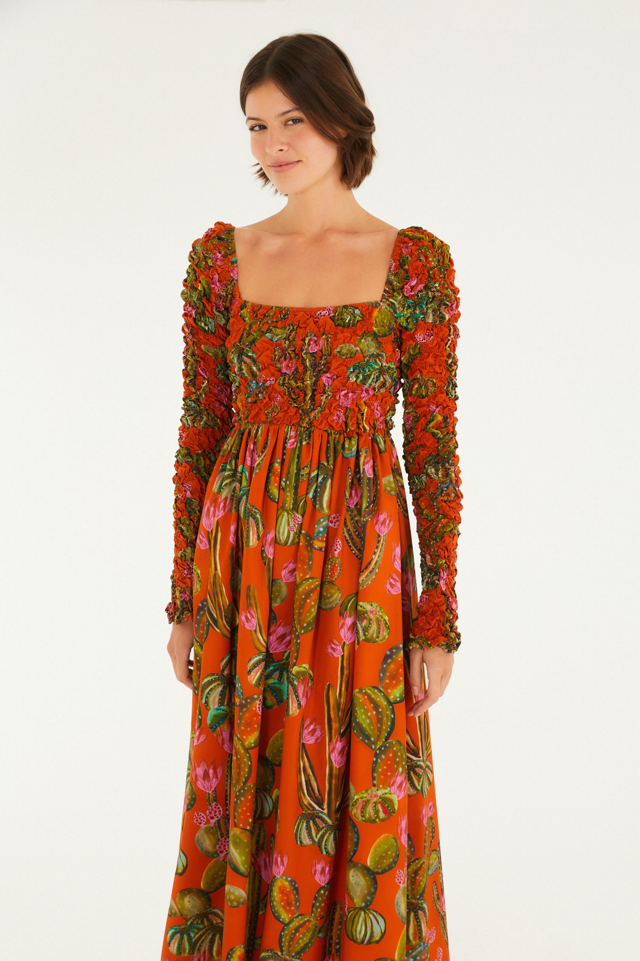 Vestido Mangas Estampado Cactus