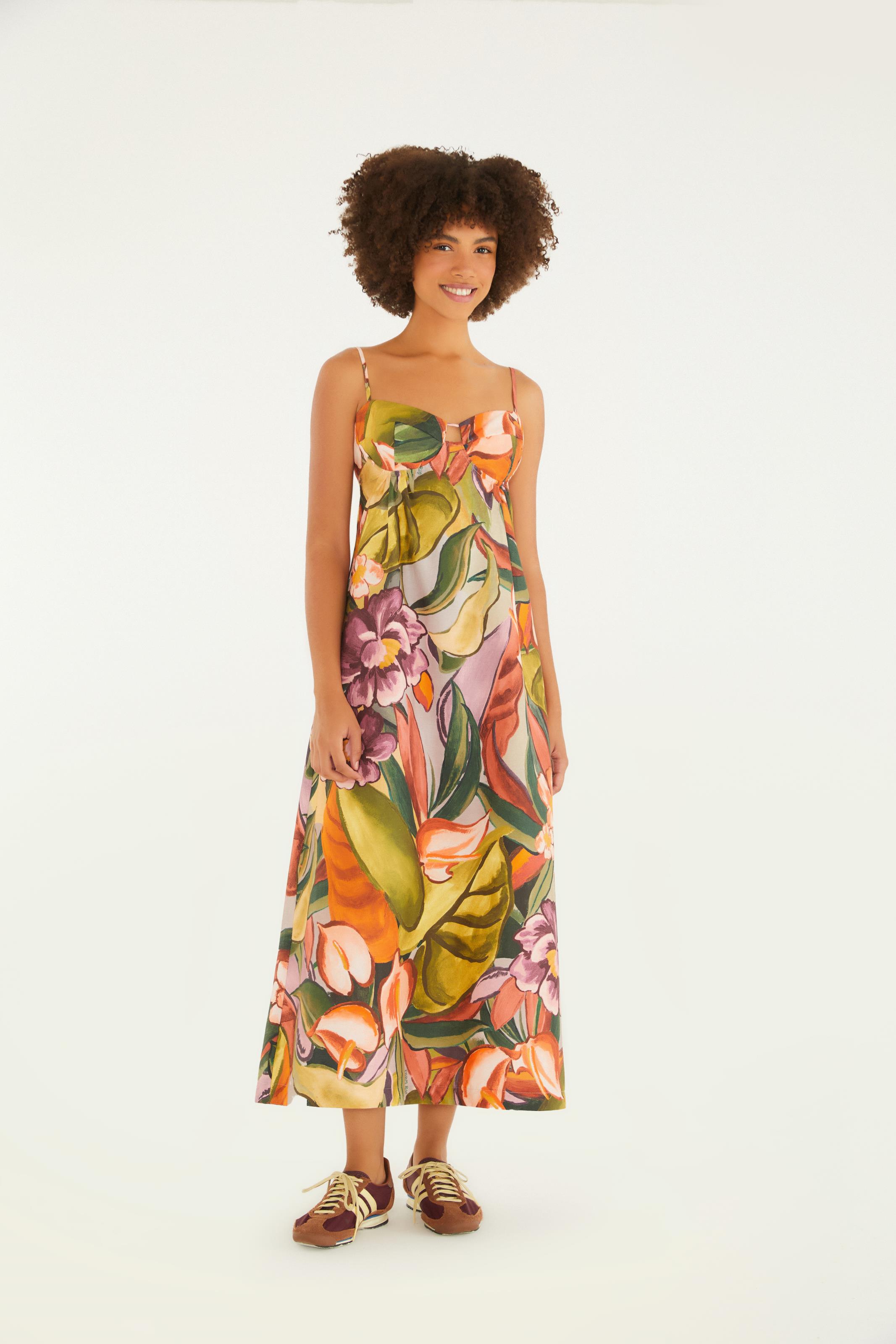 Vestido Cropped Alça Estampado Folhagem De Inverno