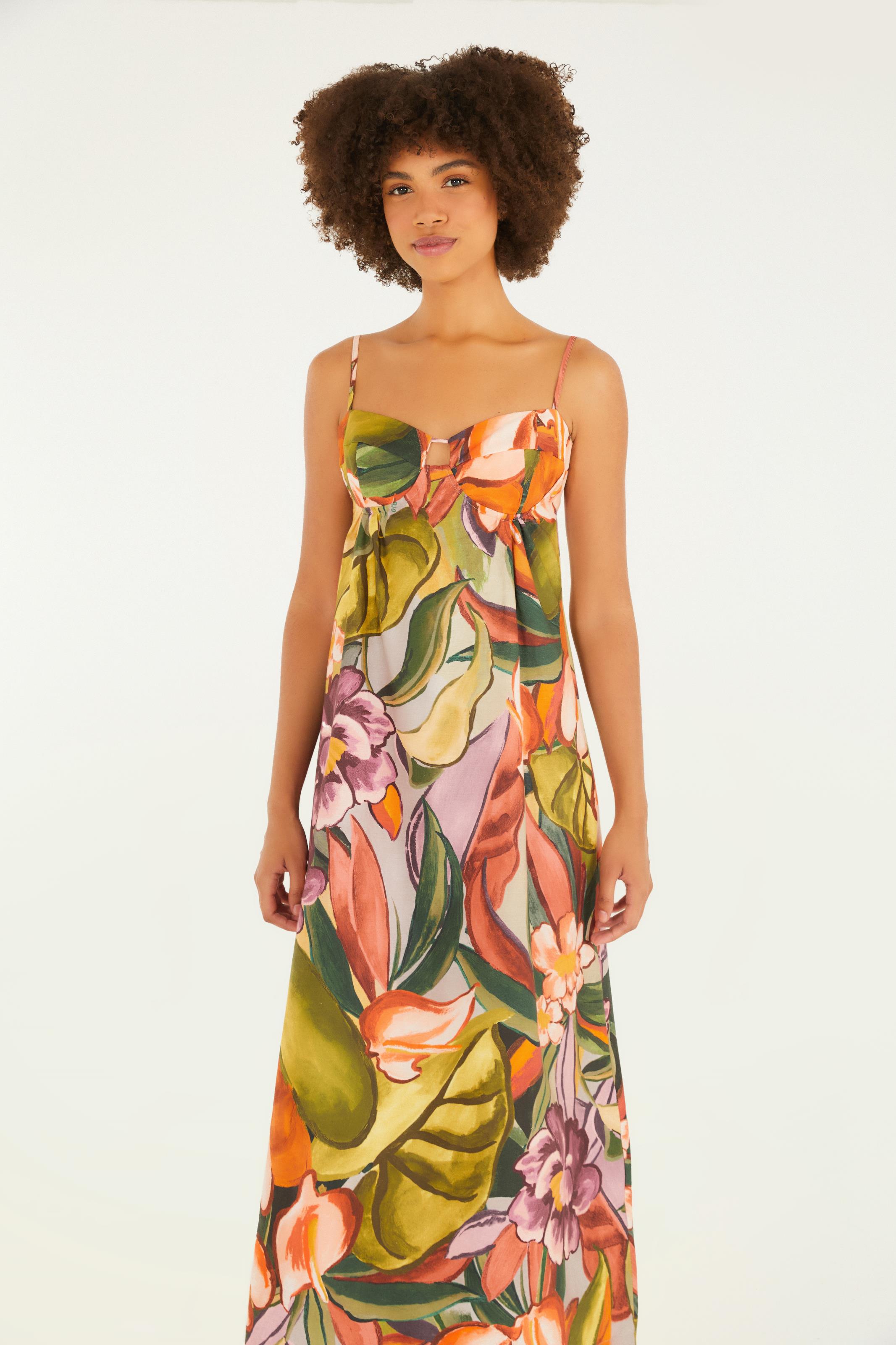 Vestido Cropped Alça Estampado Folhagem De Inverno