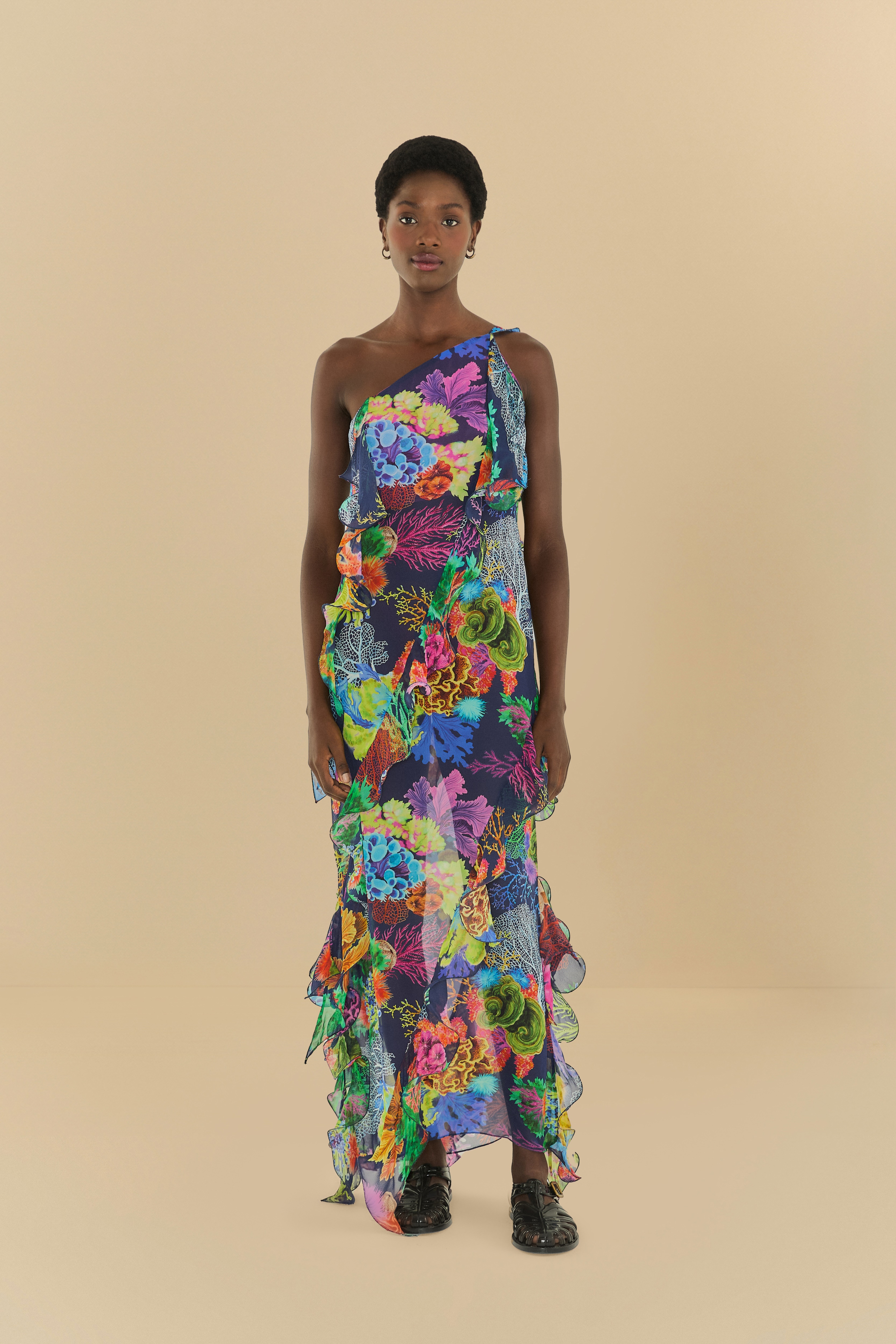 Vestido Babados Estampado Jardim Coral Isadora Gallas