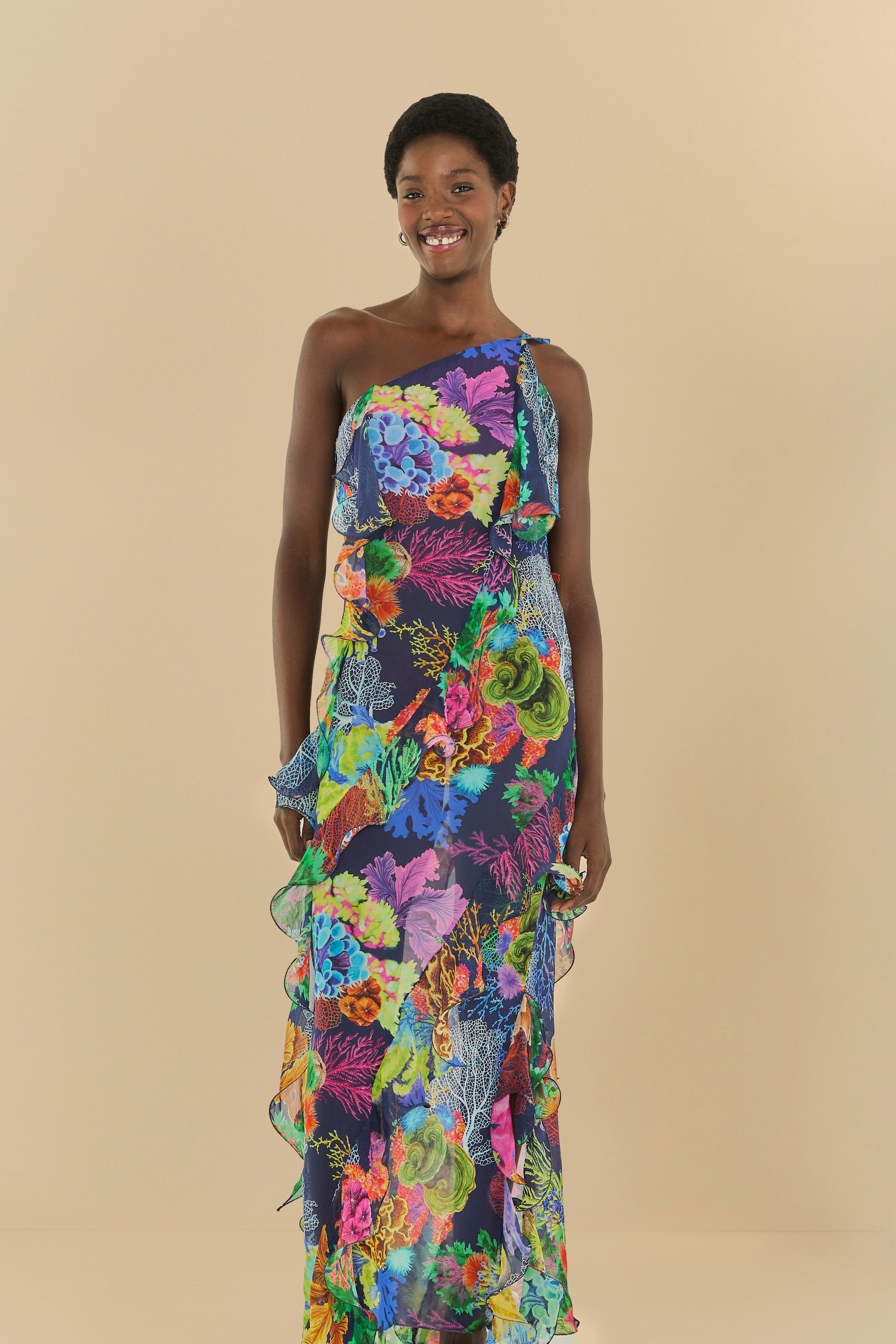 Vestido Babados Estampado Jardim Coral Isadora Gallas