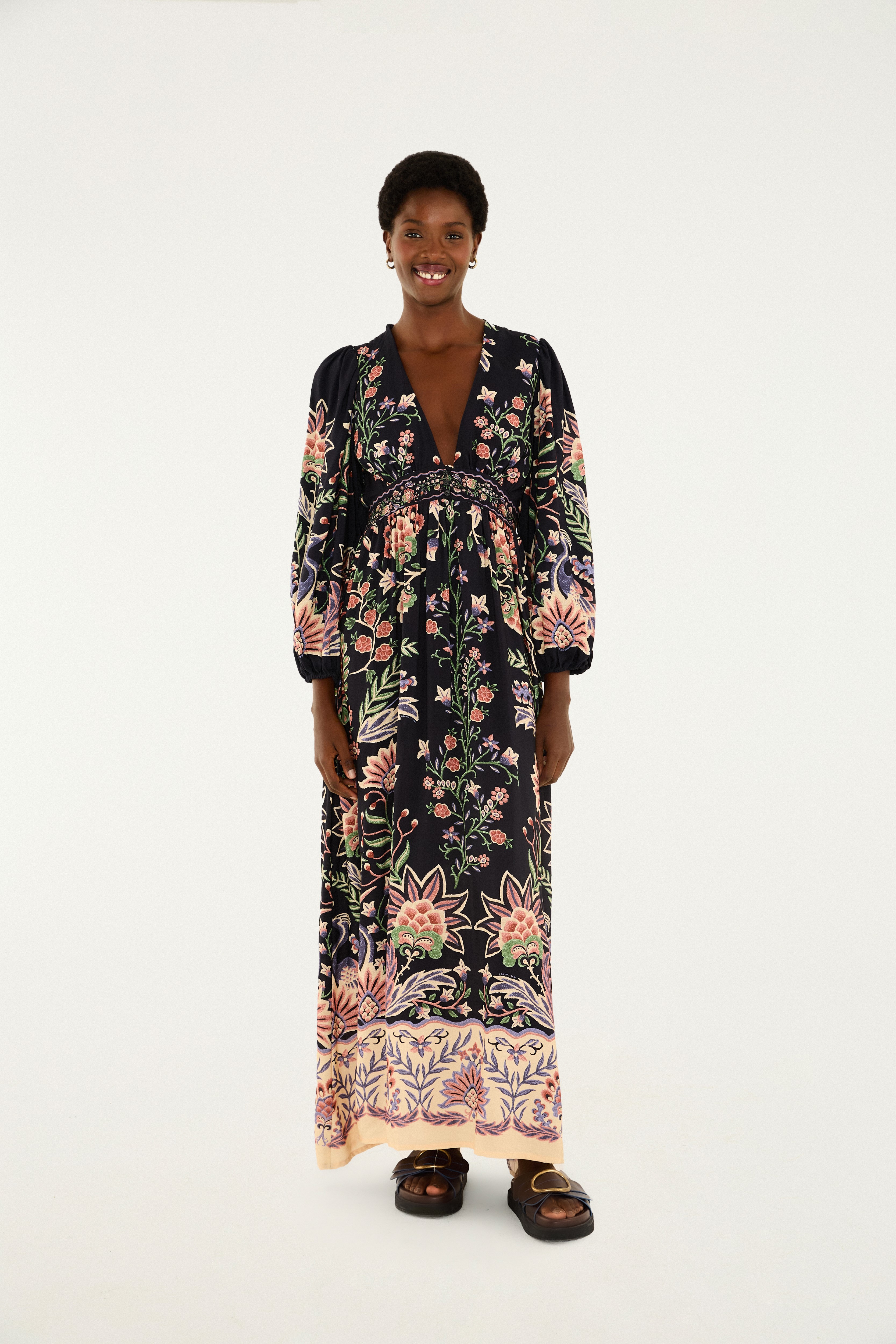 Vestido Longo Manga Estampado Jardim Maravilhoso