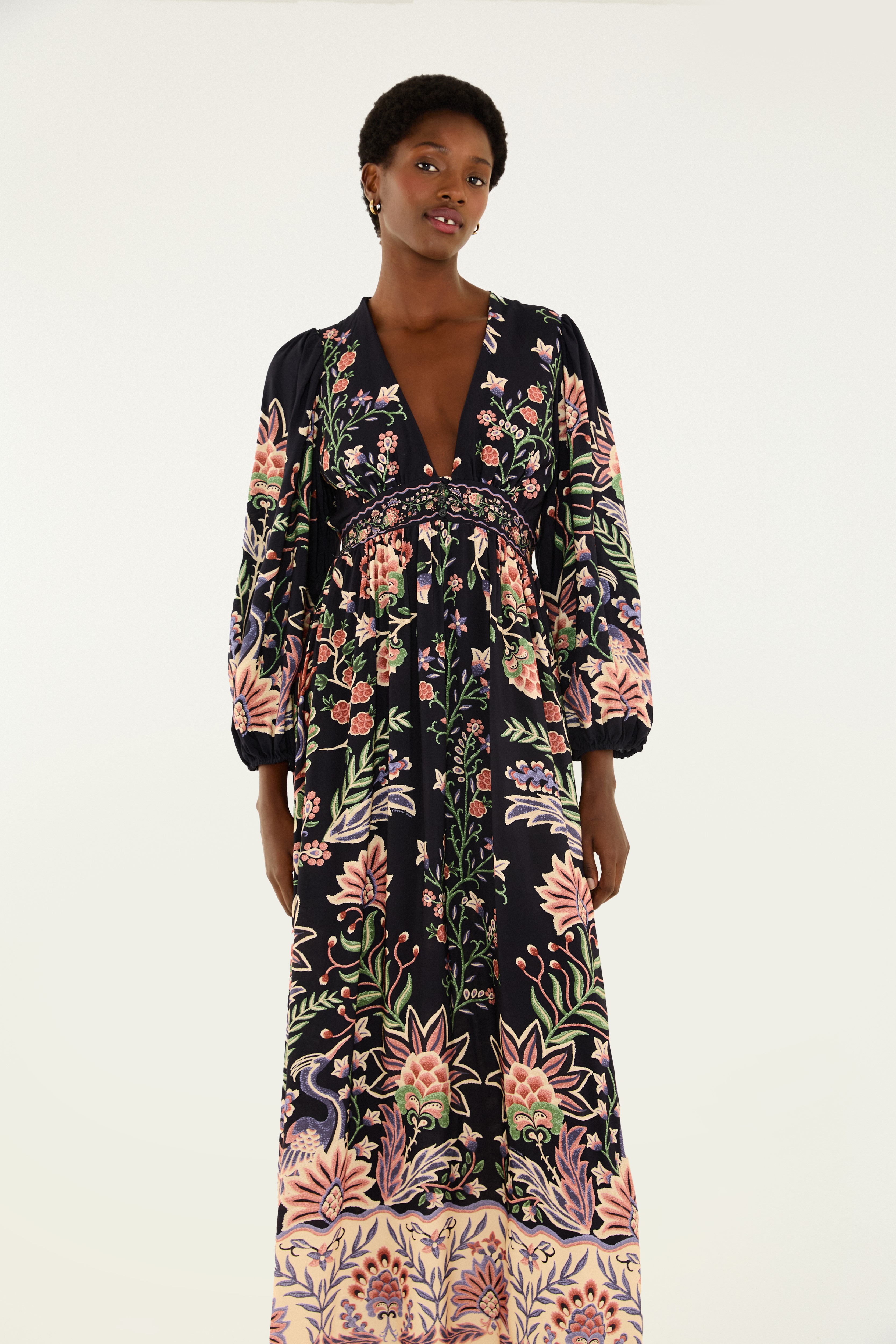 Vestido Longo Manga Estampado Jardim Maravilhoso