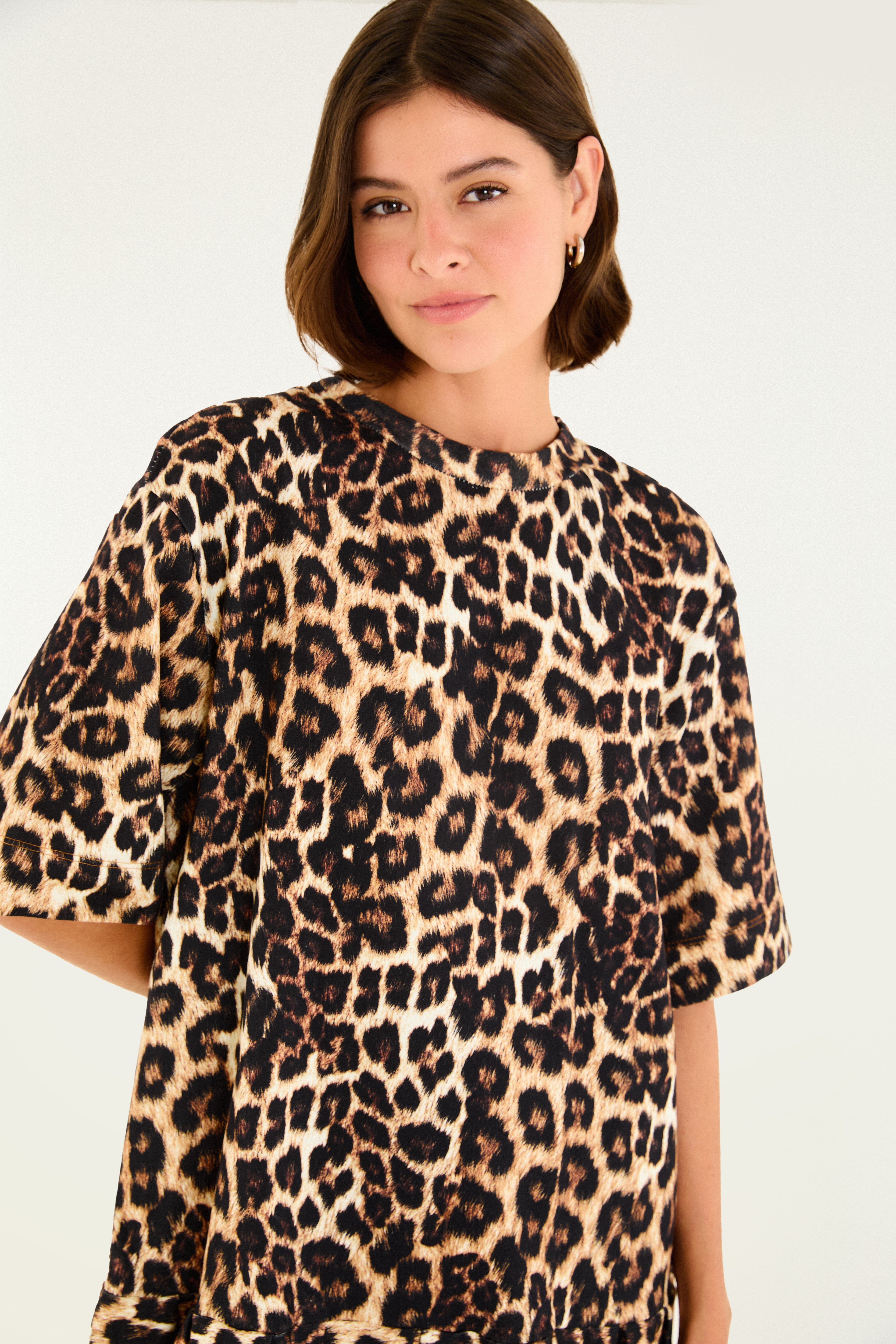 Vestido Curto Moletom Estampado Onça Pintada