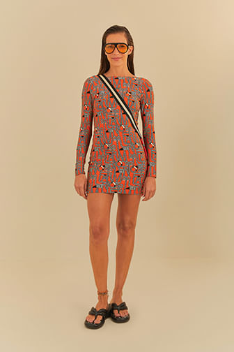 Vestido Curto Manga Longa Estampado Logotuca