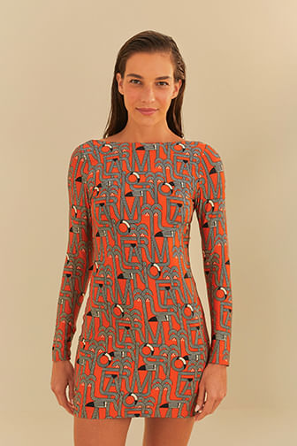 Vestido Curto Manga Longa Estampado Logotuca