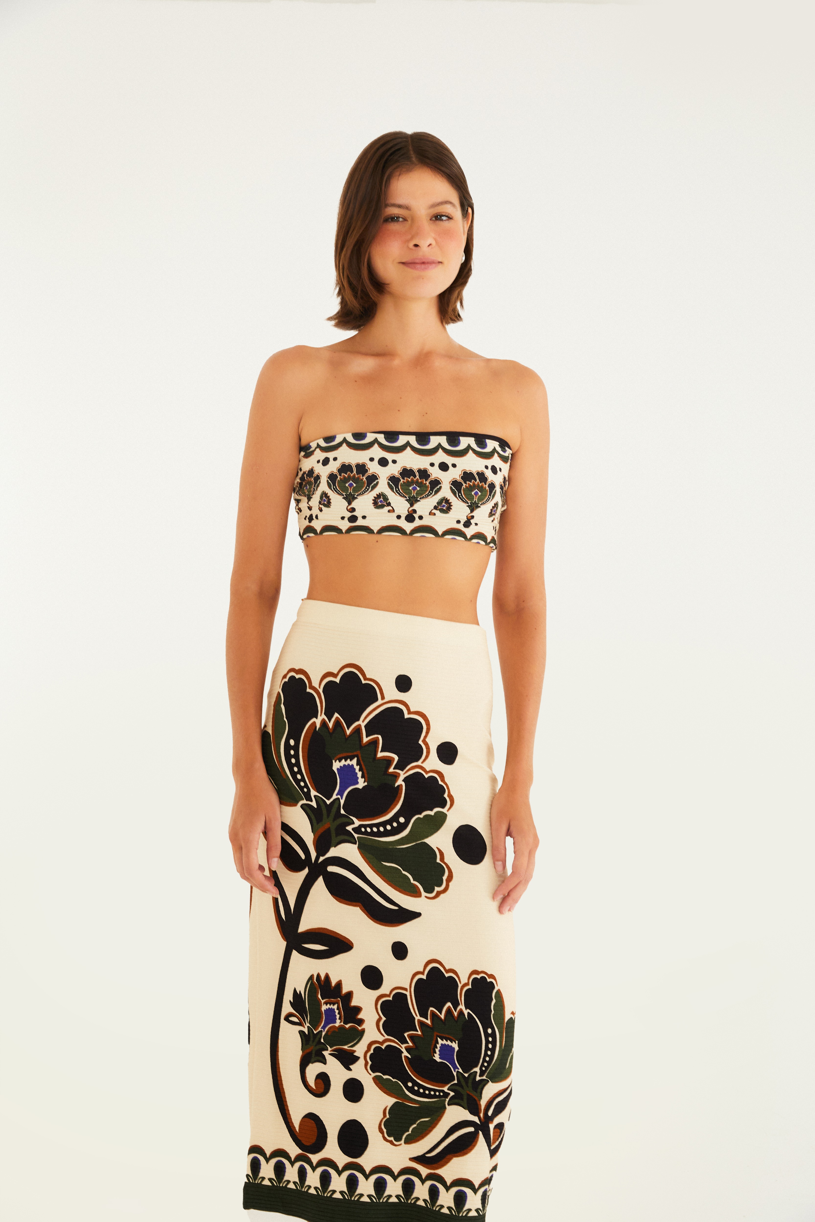 Saia Midi Reta Estampada Floral Arabasque