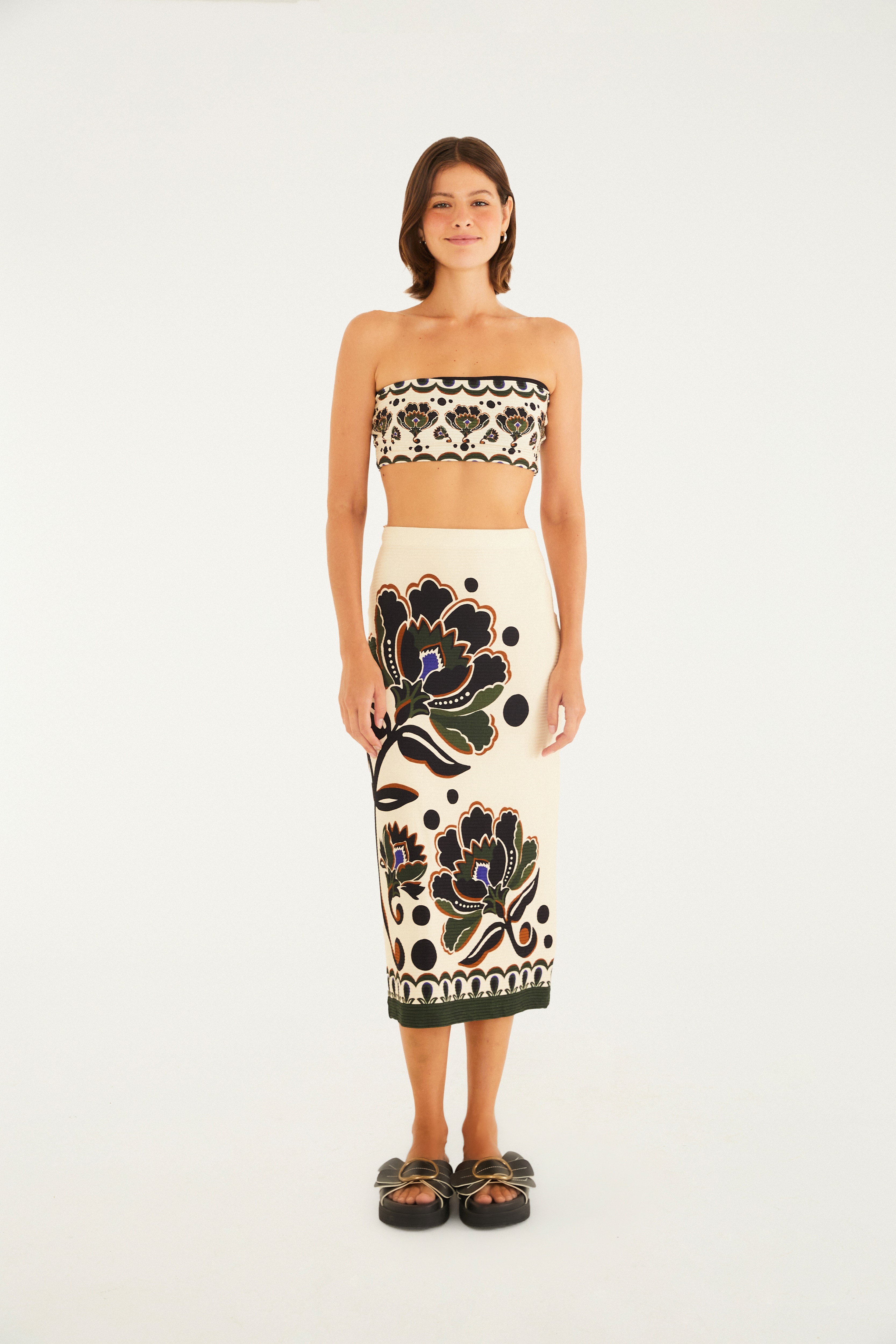 Saia Midi Reta Estampada Floral Arabasque
