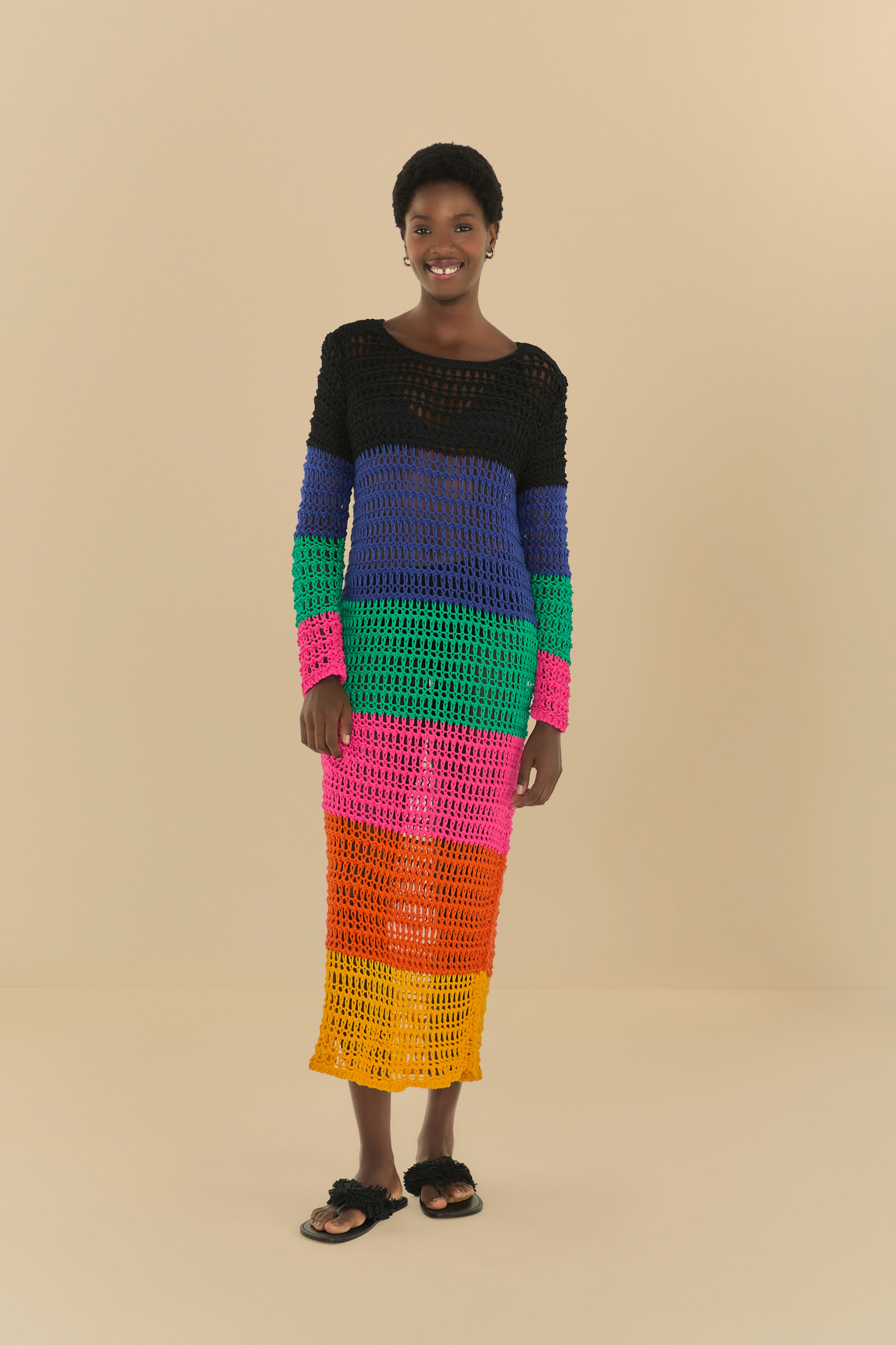 Vestido Tricot Listrado Estampado Ponto Tela
