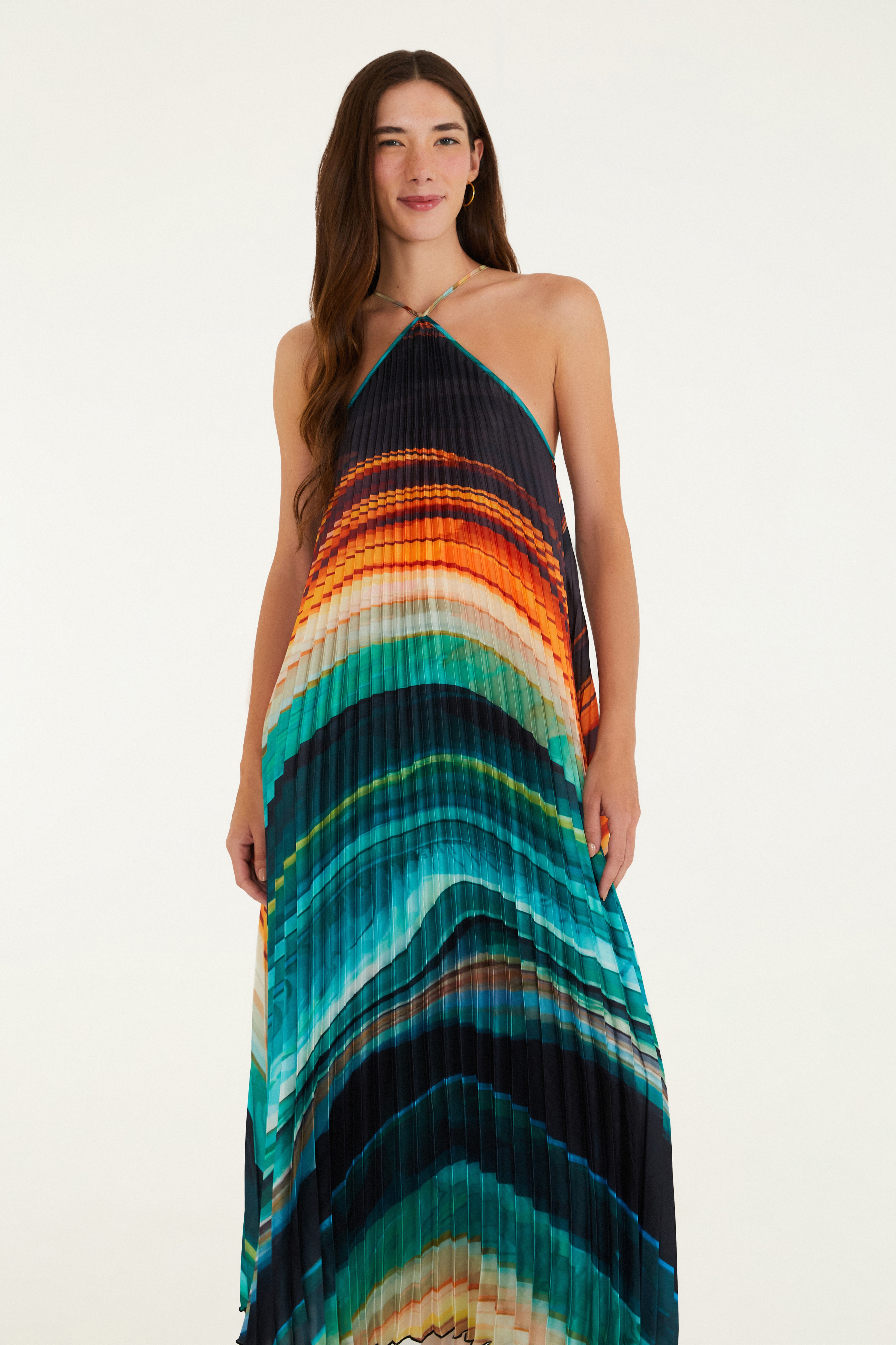 Vestido Plissado Estampado Turmalina