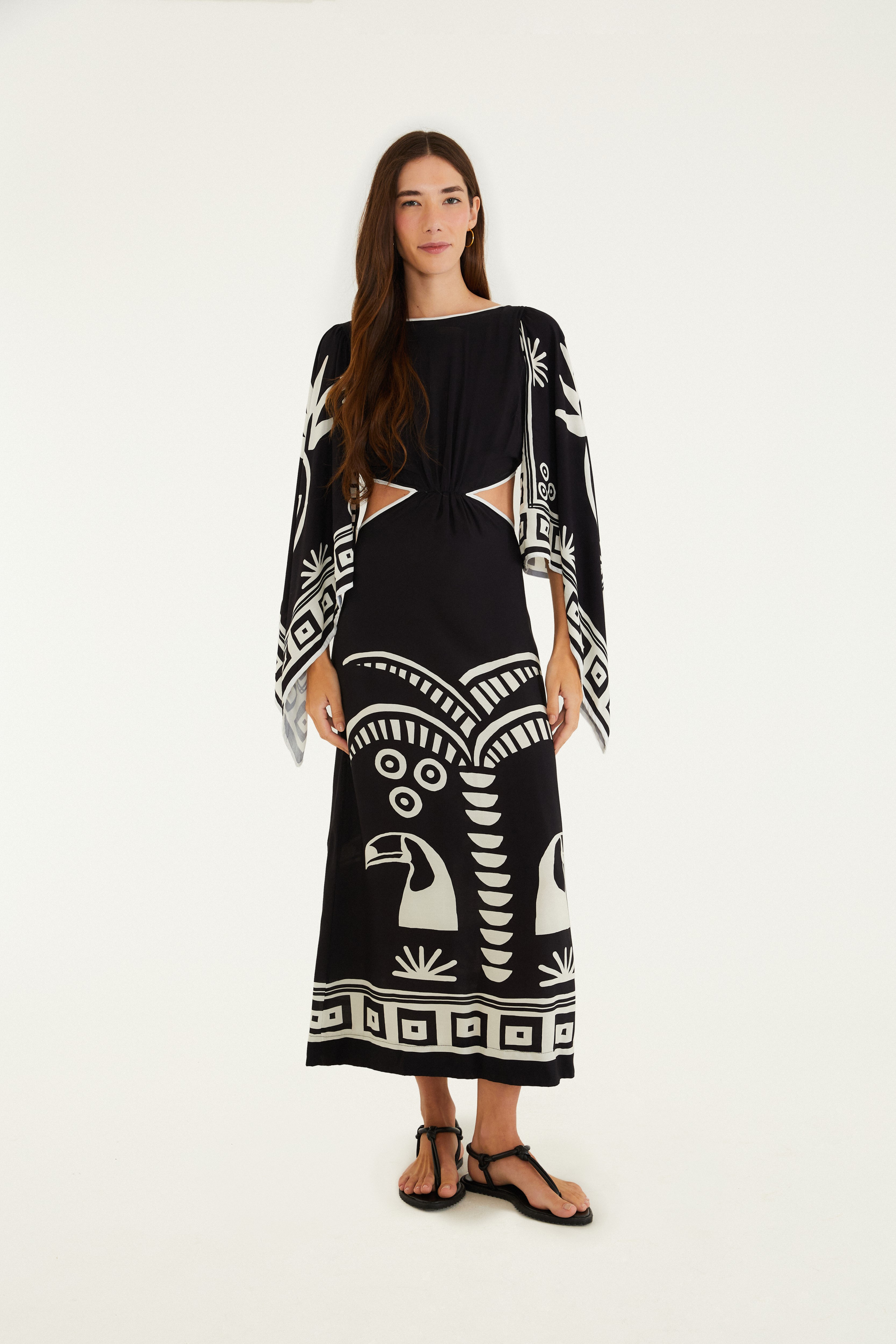 Vestido Manga Estampado Lenço Tropicano