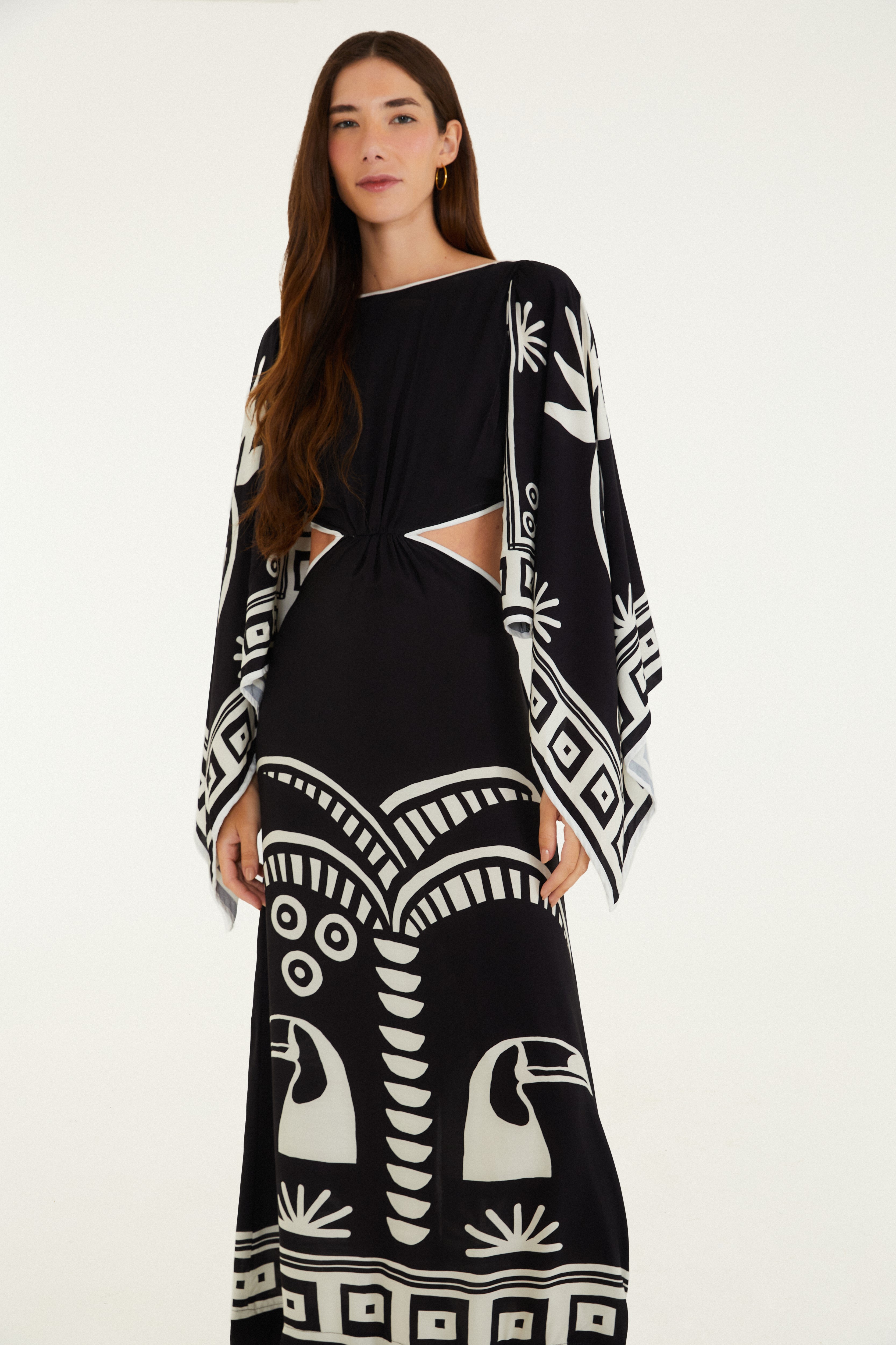 Vestido Manga Estampado Lenço Tropicano