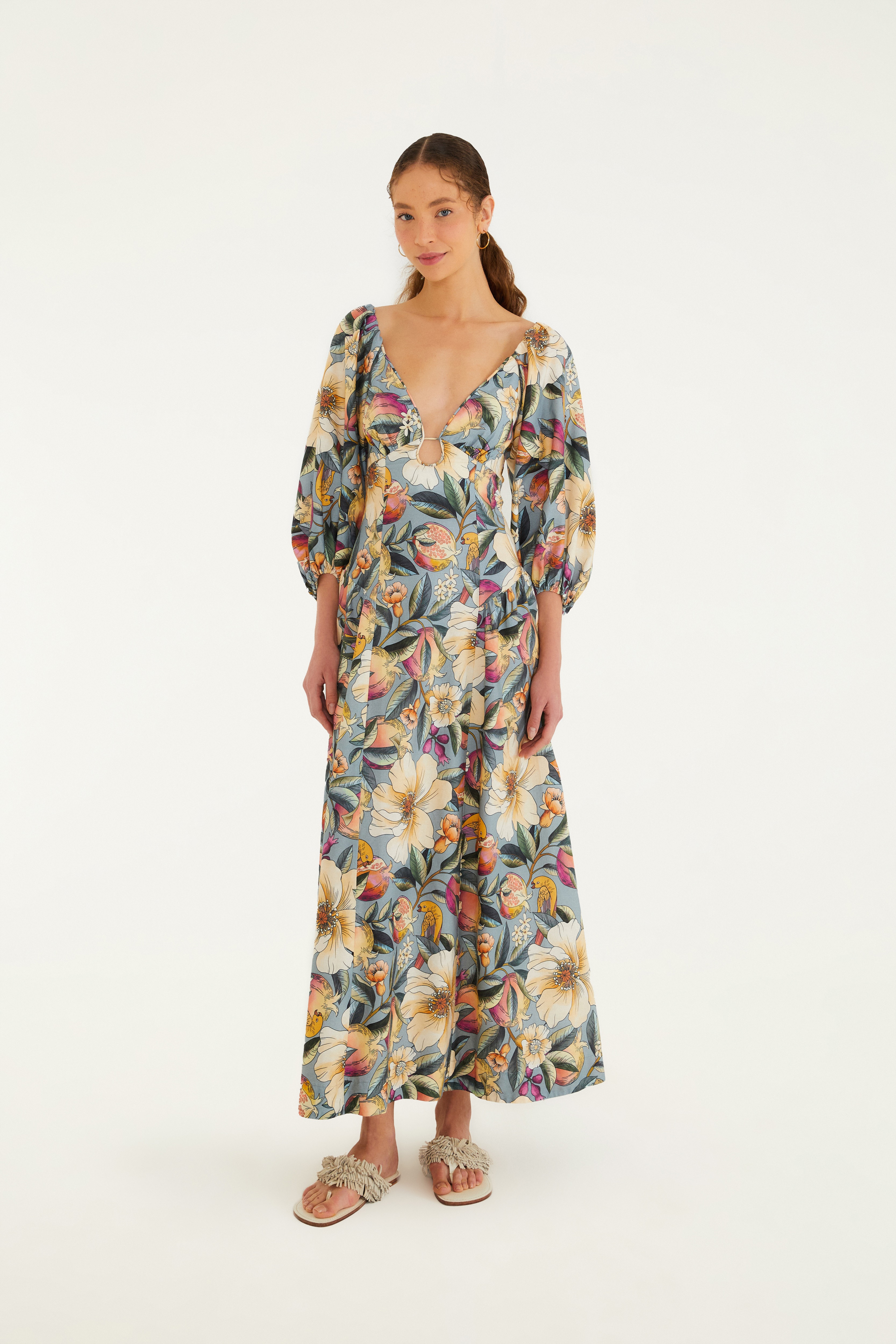 Vestido Longo Manga Estampado Romance De Flor